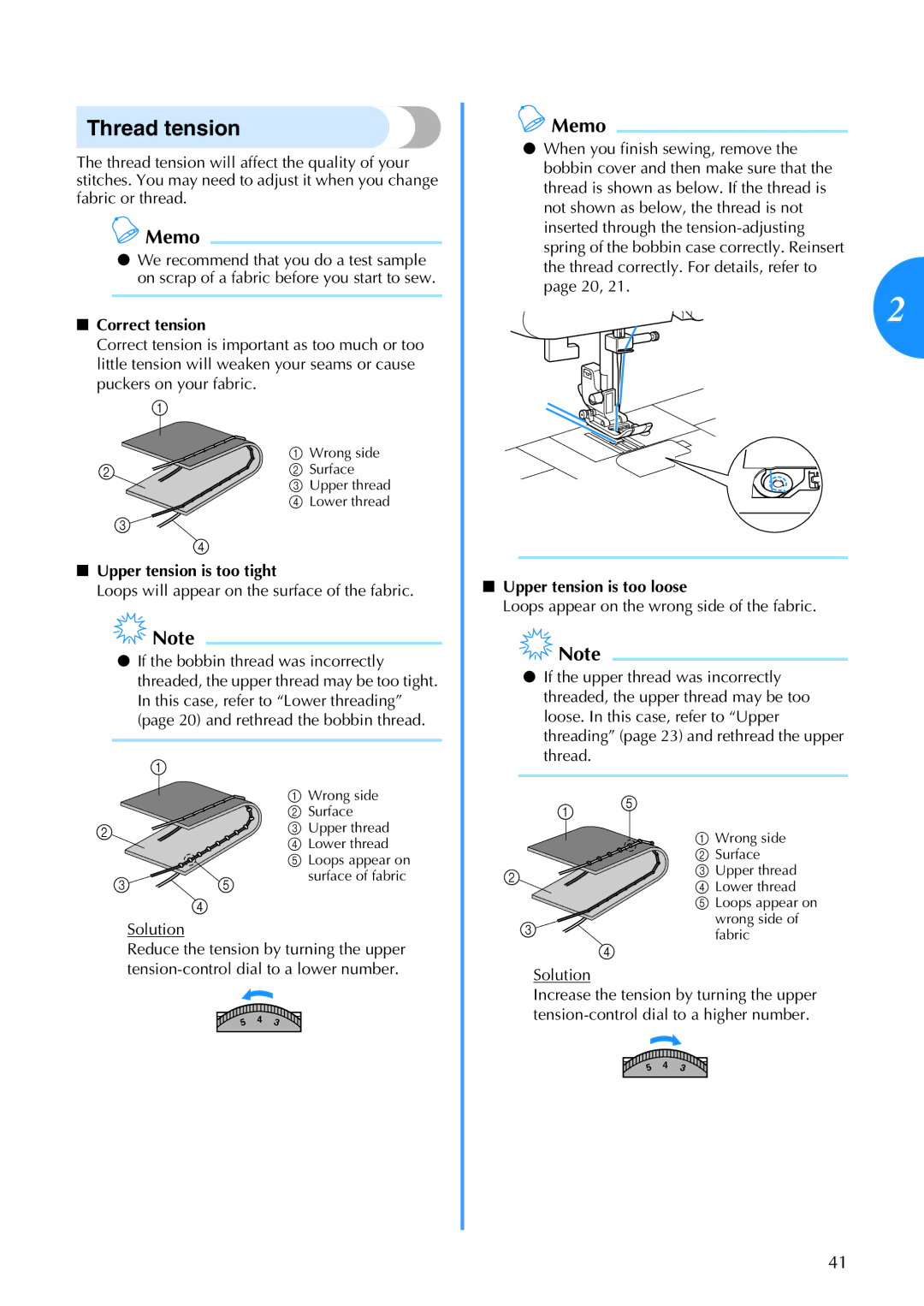 Brother 885-V67 operation manual Thread tension, Correct tension, Upper tension is too tight, Upper tension is too loose 