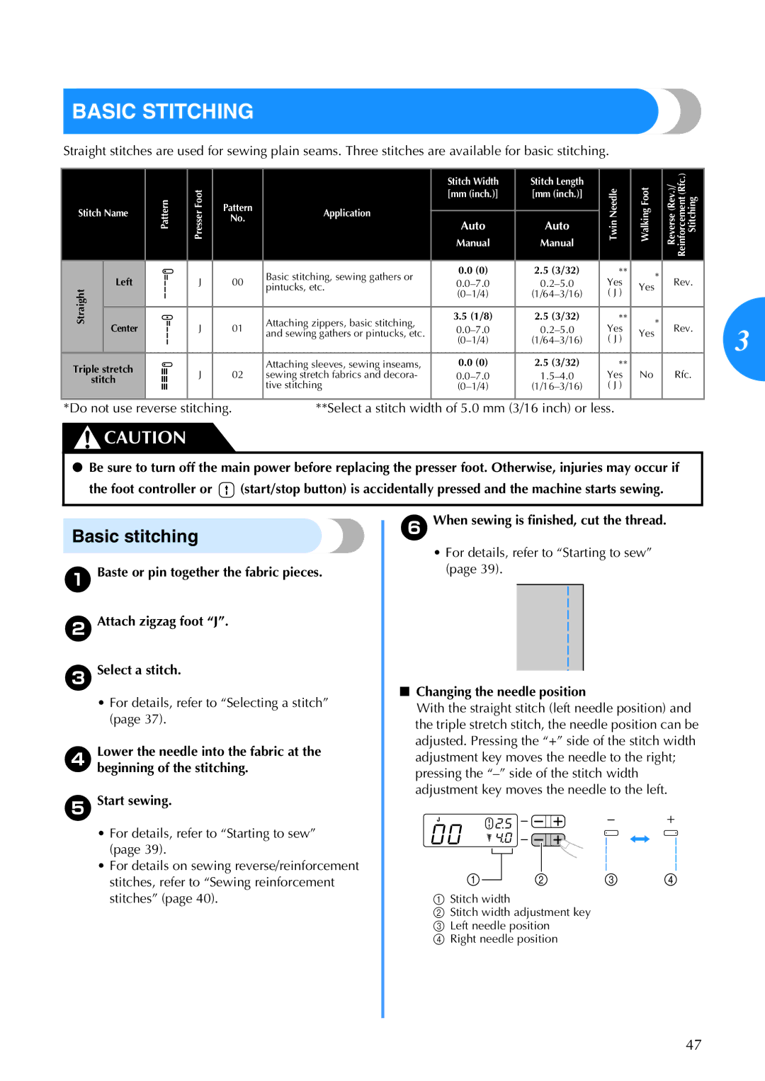 Brother 885-V67 Basic Stitching, Basic stitching, When sewing is finished, cut the thread, Changing the needle position 