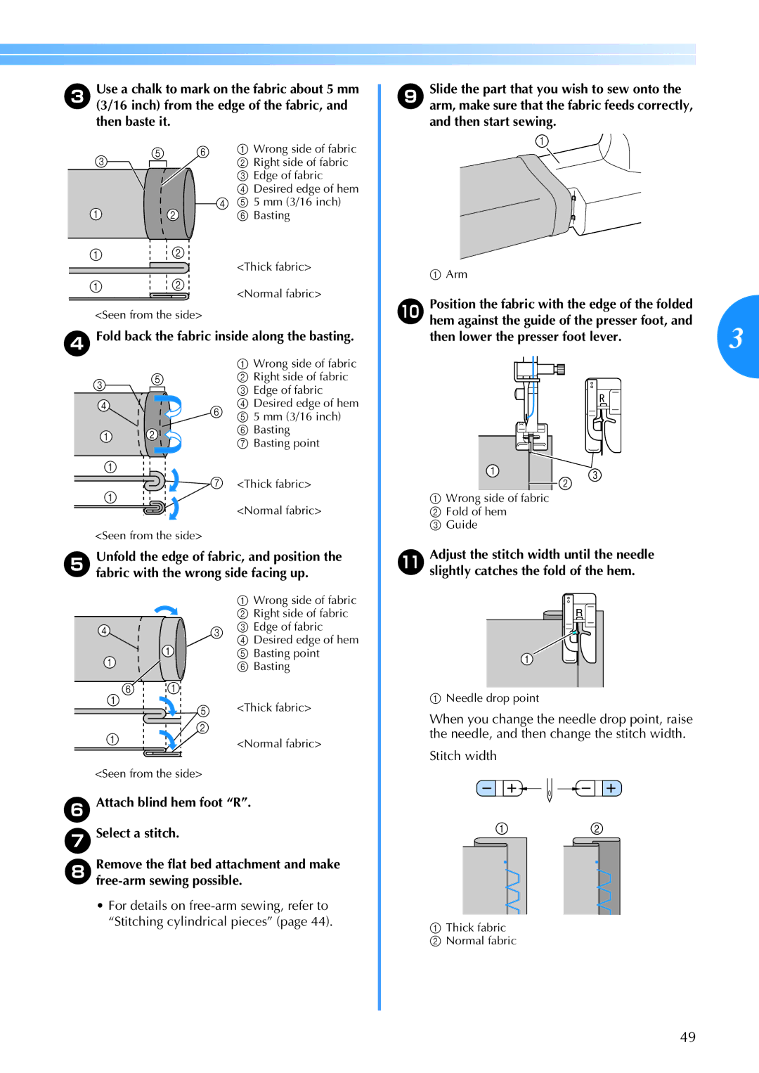 Brother 885-V67 operation manual Fold back the fabric inside along the basting, Stitch width 