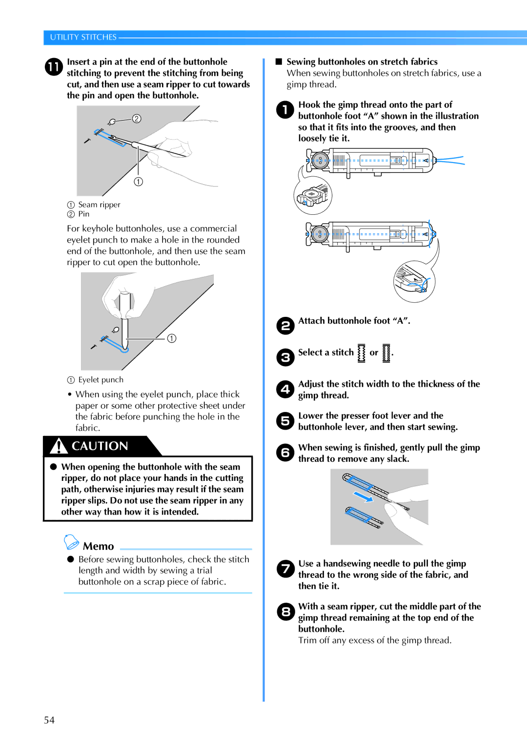 Brother 885-V67 operation manual Sewing buttonholes on stretch fabrics, Trim off any excess of the gimp thread 