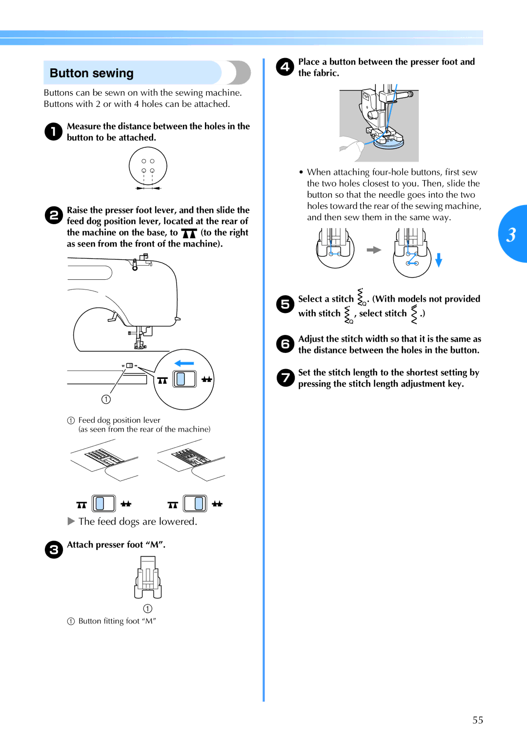 Brother 885-V67 operation manual Button sewing, Feed dogs are lowered 