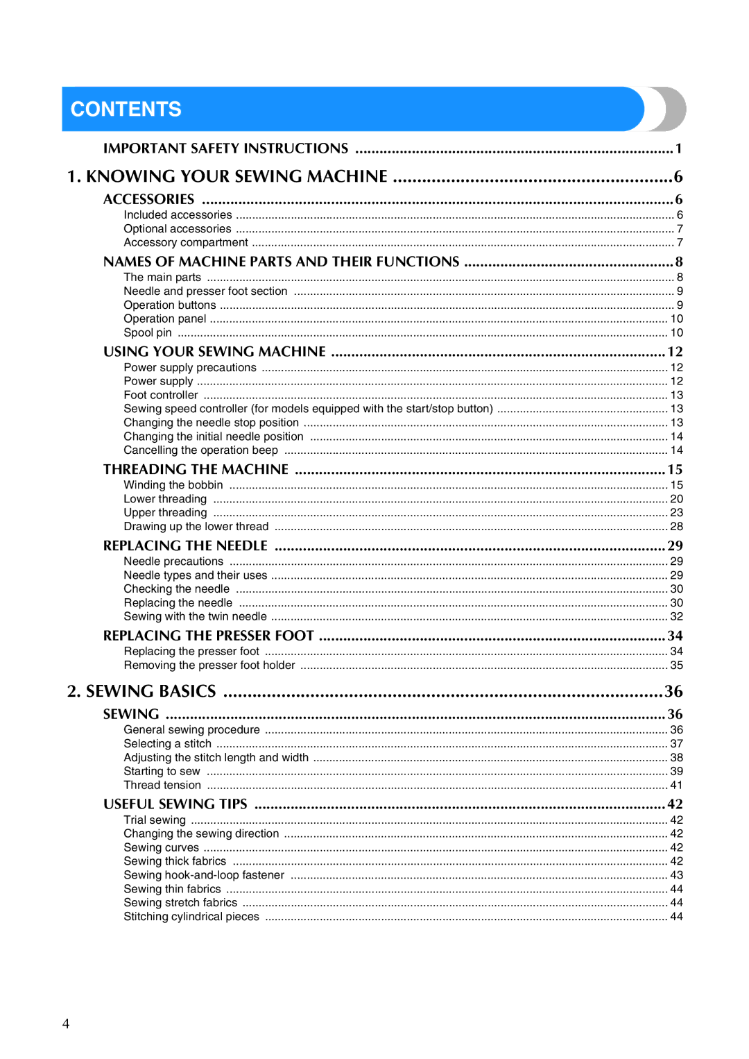 Brother 885-V67 operation manual Contents 