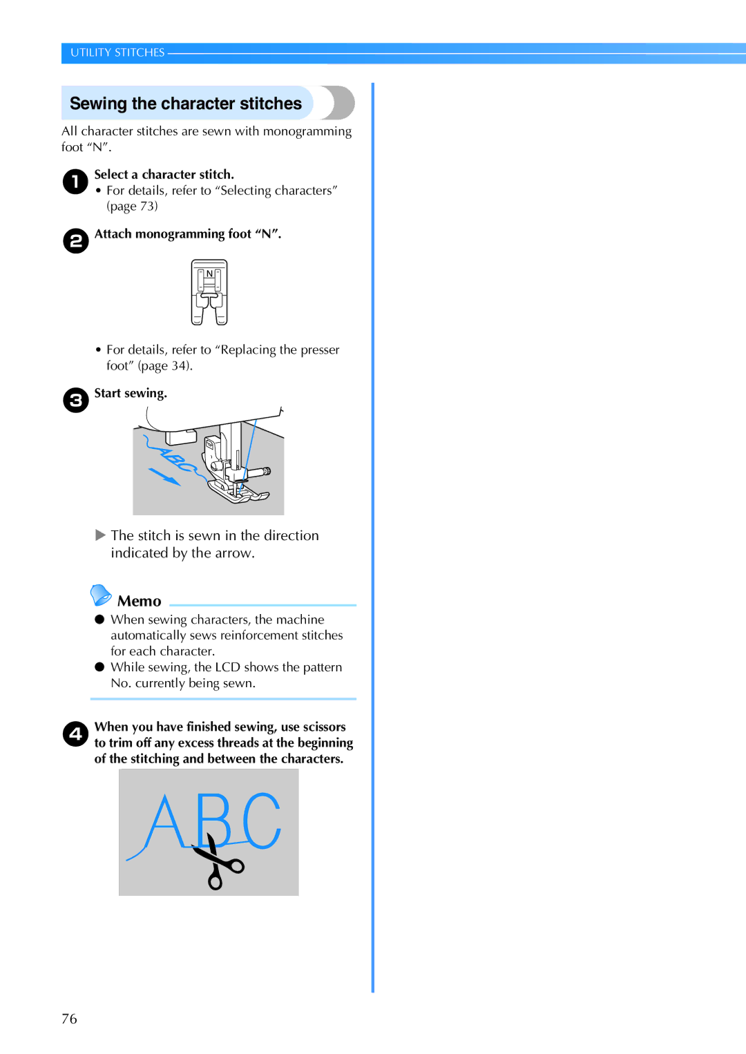 Brother 885-V67 Sewing the character stitches, Stitch is sewn in the direction indicated by the arrow, CStart sewing 