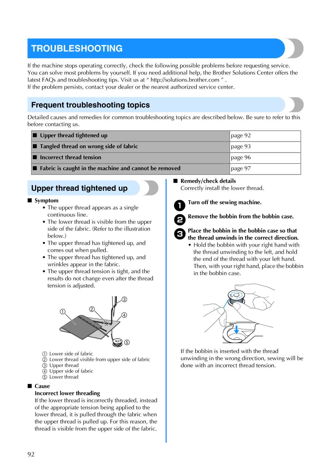 Brother 885-V67 operation manual Troubleshooting, Frequent troubleshooting topics, Upper thread tightened up 