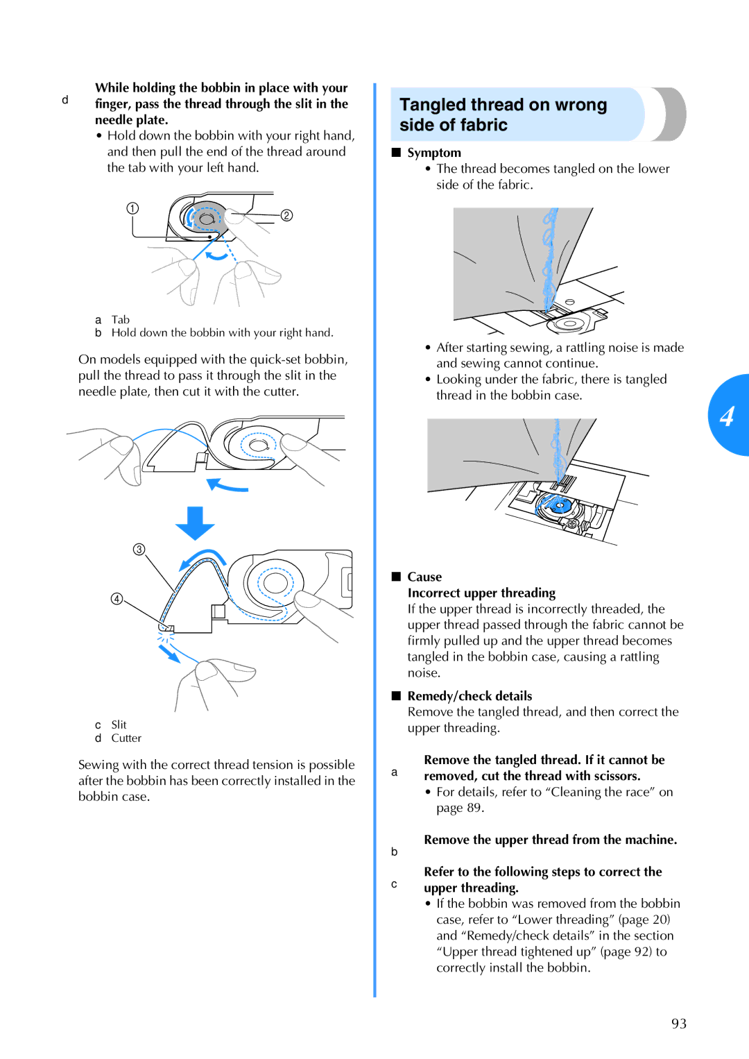 Brother 885-V67 operation manual Tangled thread on wrong side of fabric, Symptom, Cause Incorrect upper threading 