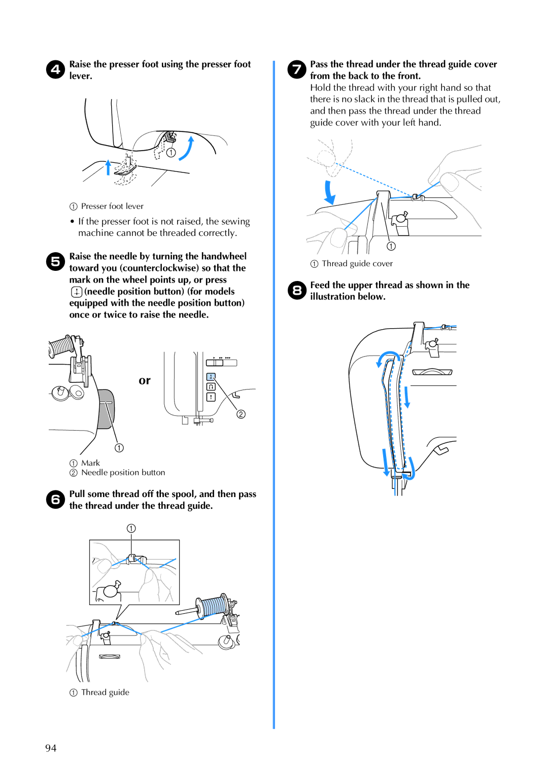 Brother 885-V67 operation manual HFeed the upper thread as shown in the illustration below 