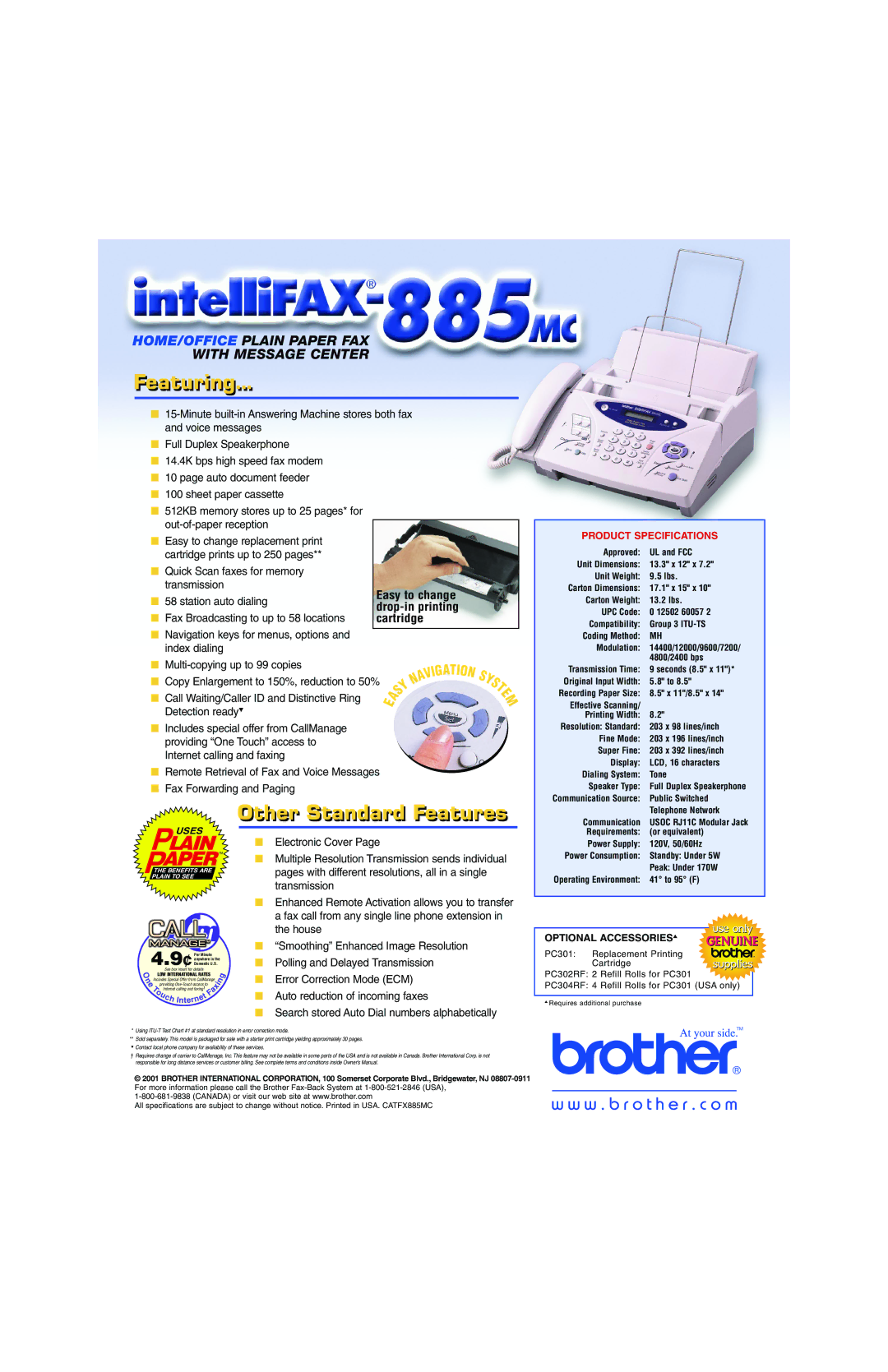 Brother 885MC manual Featuringi, Other Standard Features, Error Correction Mode ECM, Auto reduction of incoming faxes 