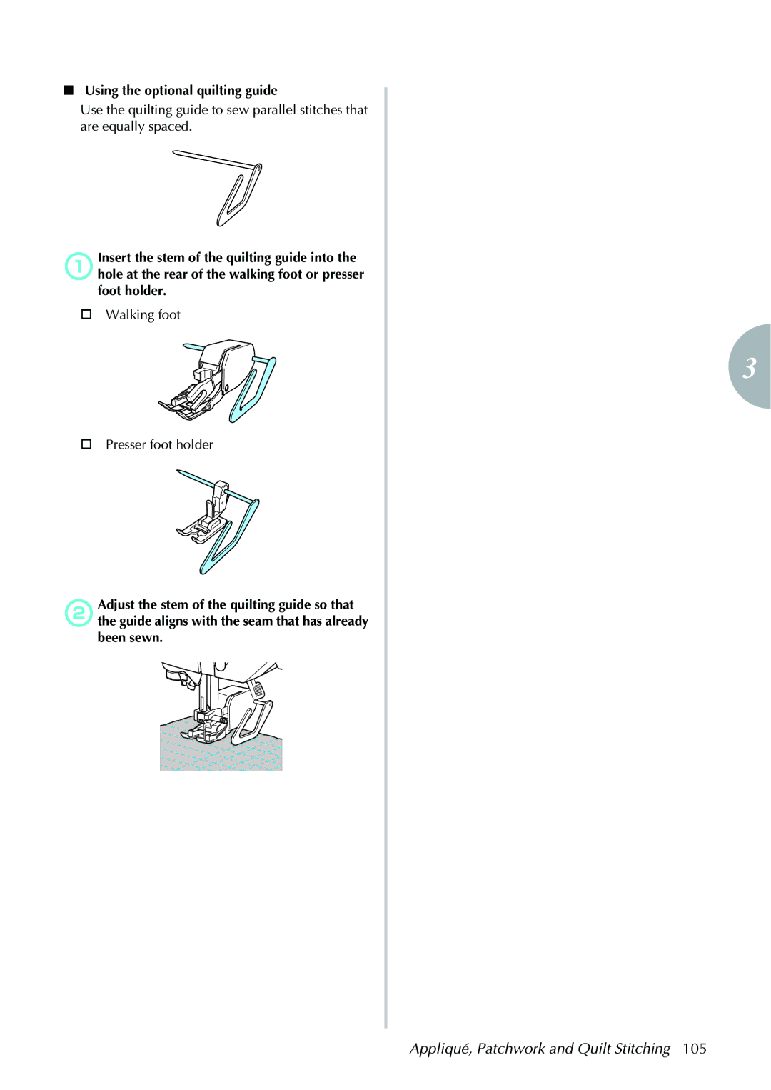 Brother 885V97, 885V95 operation manual Using the optional quilting guide, Walking foot Presser foot holder 