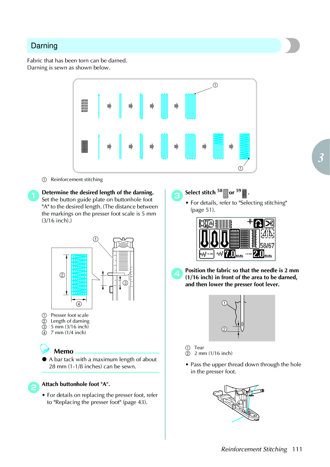 Brother 885V97, 885V95 operation manual Darning, Select stitch 58 or 