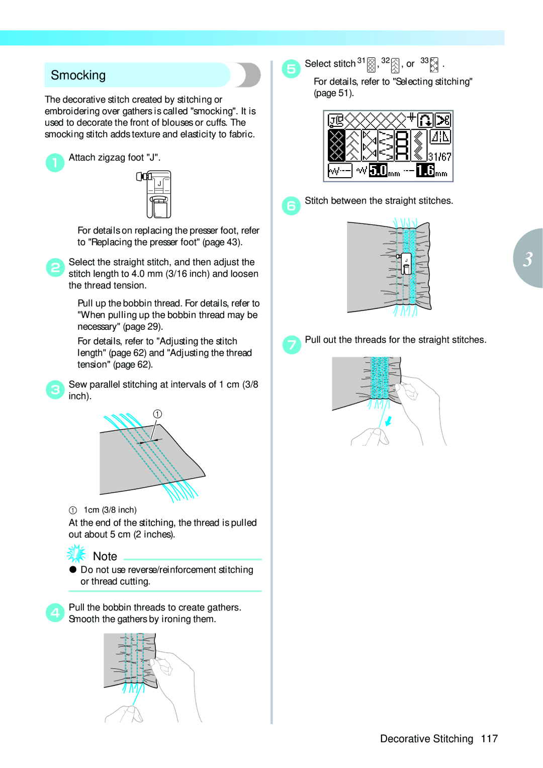 Brother 885V97 Smocking, Sew parallel stitching at intervals of 1 cm 3/8 inch, Pull the bobbin threads to create gathers 