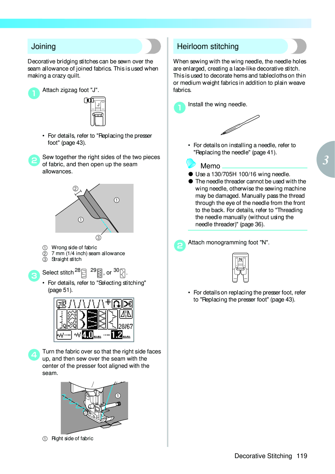 Brother 885V97, 885V95 Joining, Heirloom stitching, Install the wing needle, Use a 130/705H 100/16 wing needle 