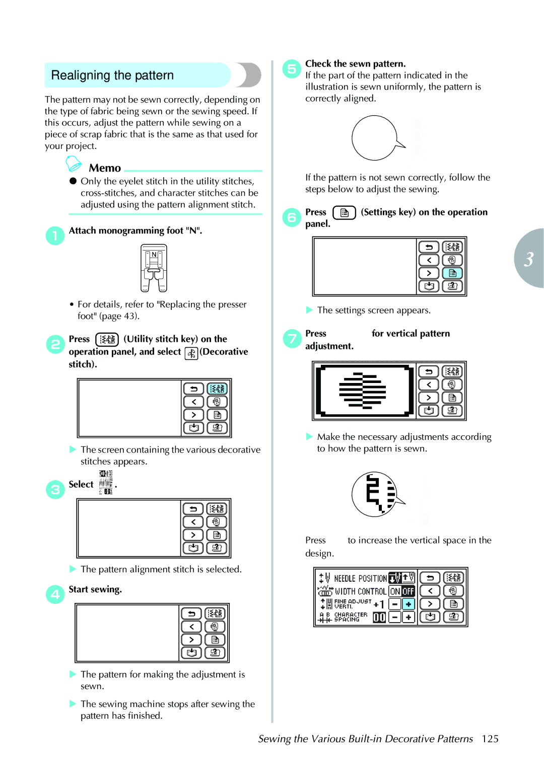 Brother 885V97, 885V95 operation manual Realigning the pattern 