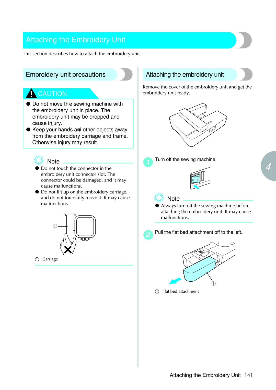 Brother 885V97, 885V95 Attaching the Embroidery Unit, Embroidery unit precautions, Attaching the embroidery unit 