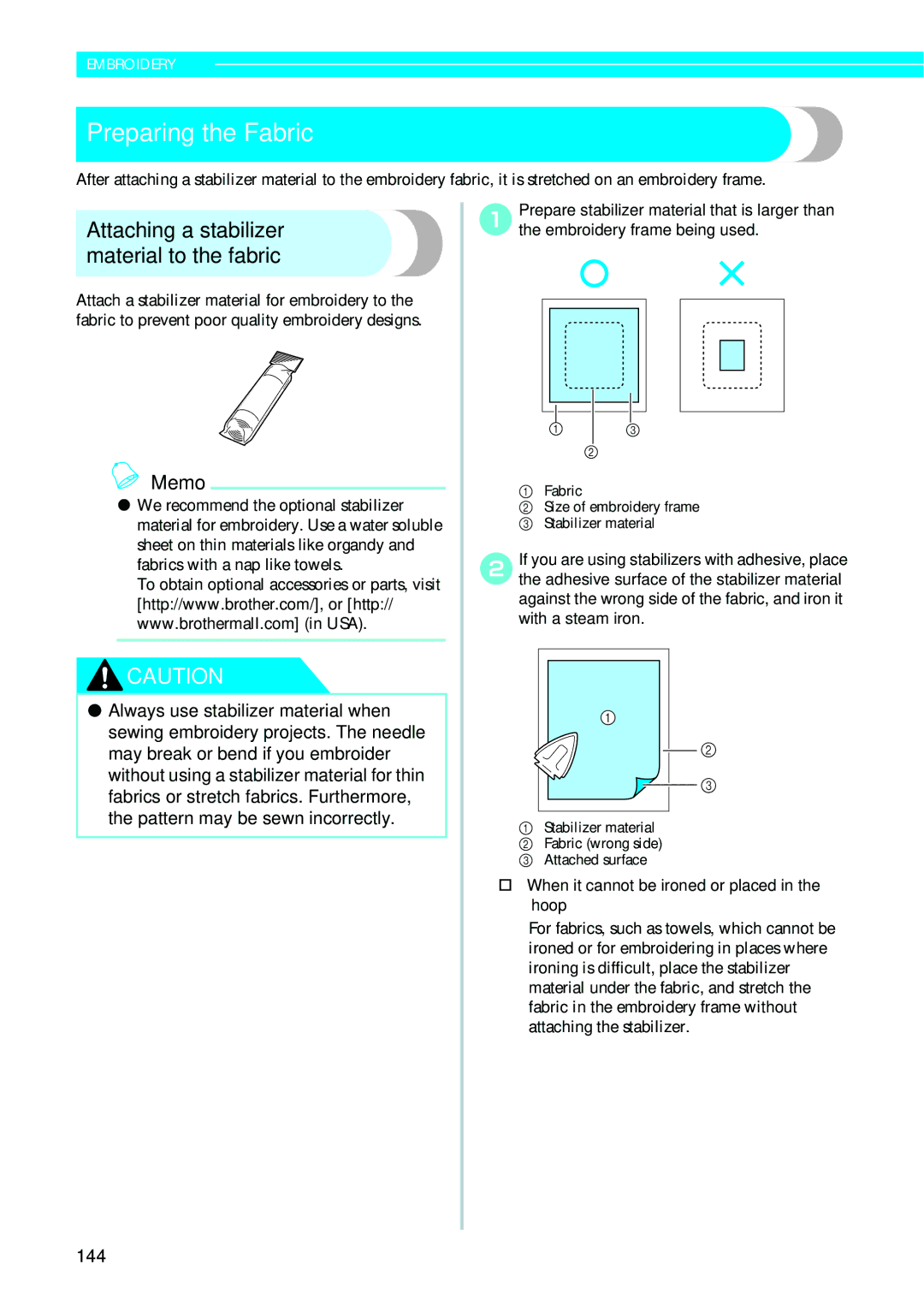 Brother 885V95, 885V97 operation manual Preparing the Fabric, Attaching a stabilizer material to the fabric 