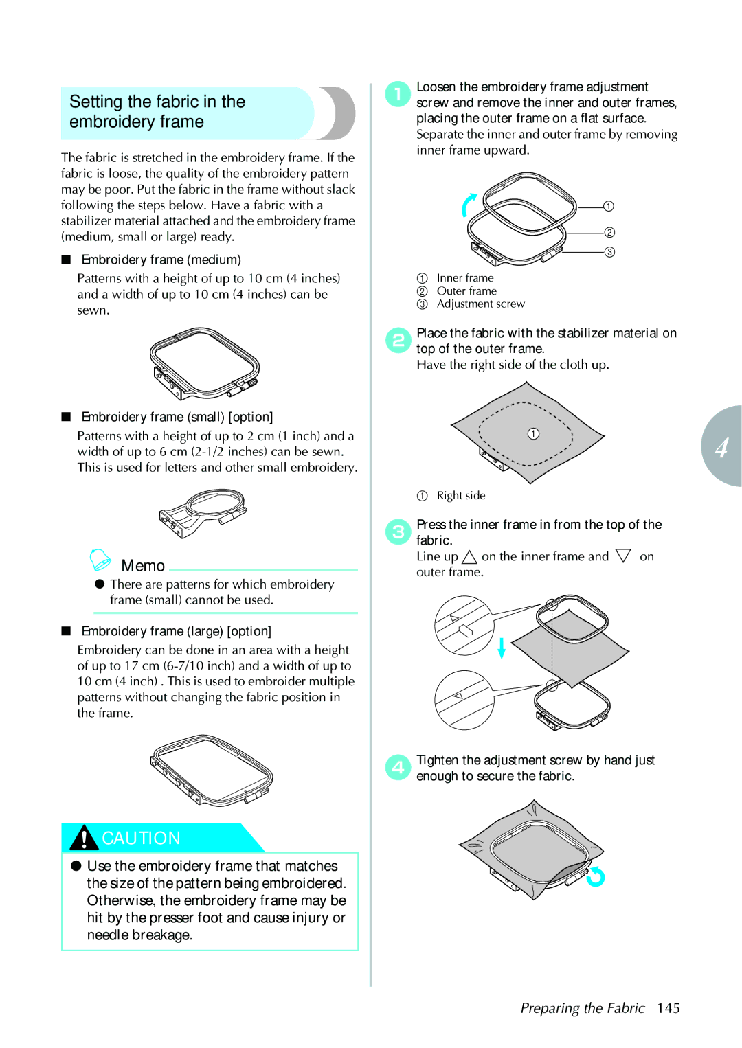 Brother 885V97, 885V95 operation manual Setting the fabric in the embroidery frame, Preparing the Fabric 