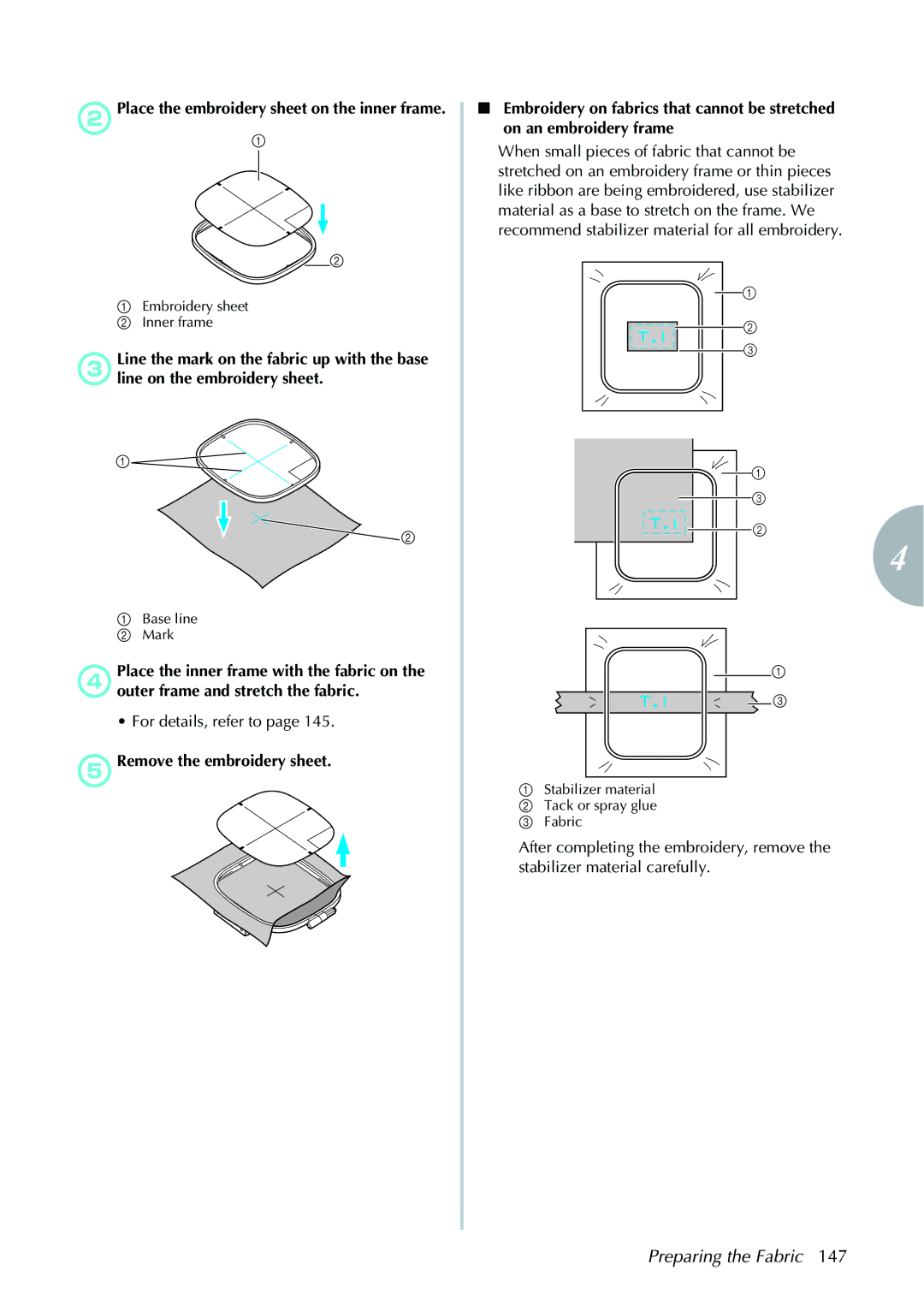 Brother 885V97, 885V95 operation manual BPlace the embroidery sheet on the inner frame, For details, refer to 