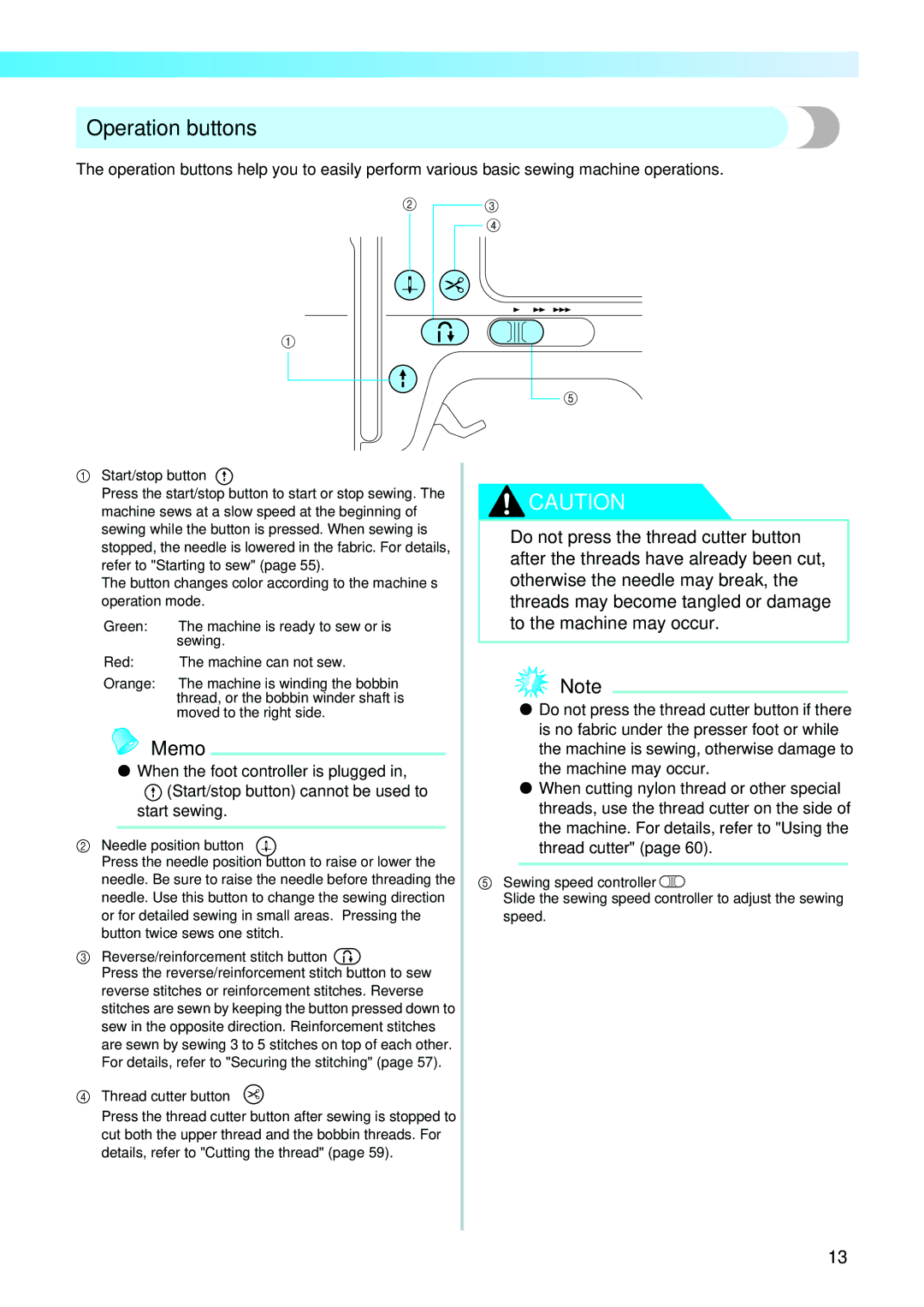 Brother 885V97, 885V95 operation manual Operation buttons, Start/stop button 