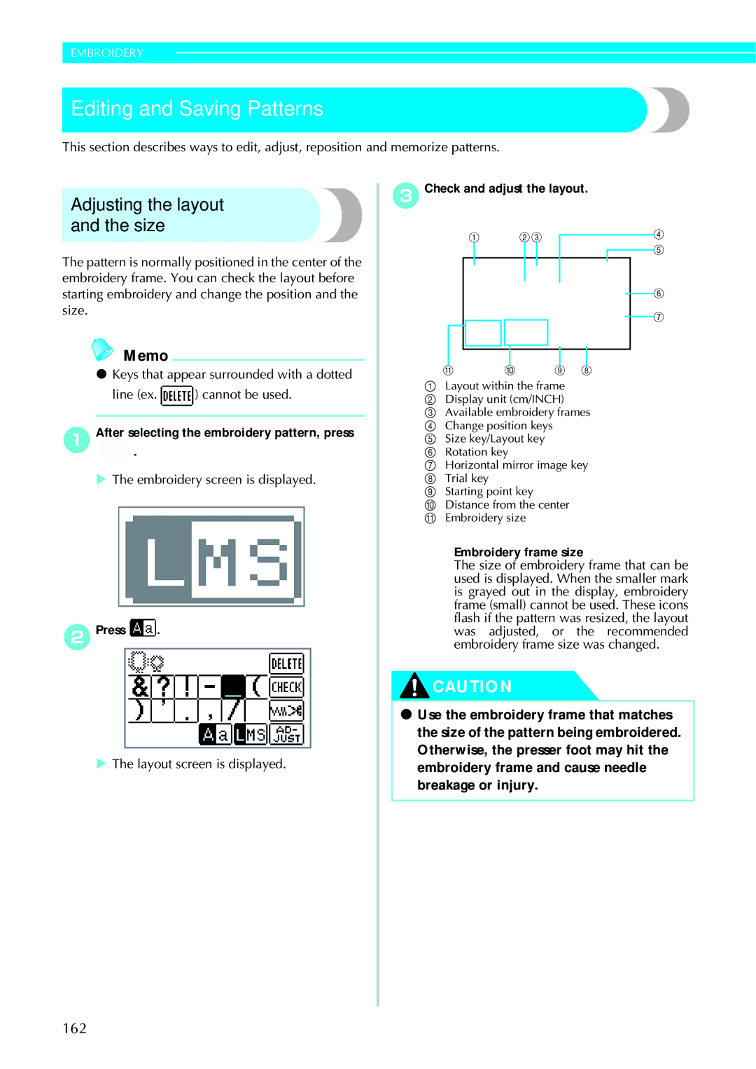 Brother 885V95, 885V97 Editing and Saving Patterns, Adjusting the layout and the size, Check and adjust the layout 