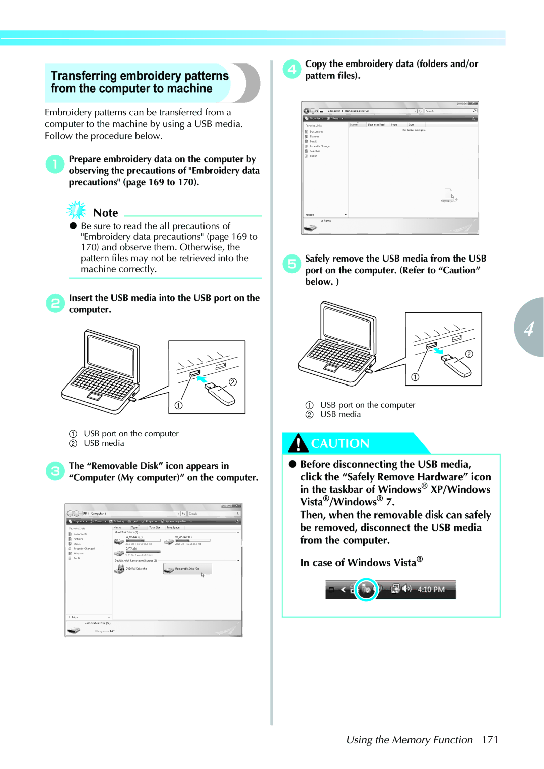 Brother 885V97, 885V95 operation manual Insert the USB media into the USB port on the computer 