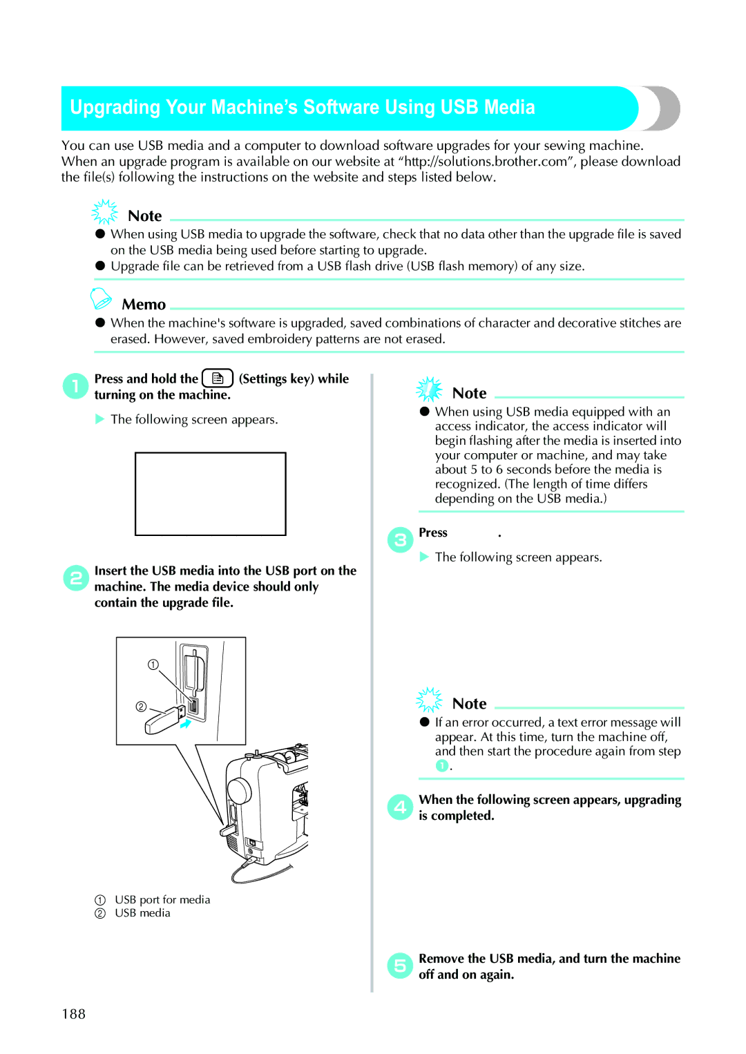 Brother 885V95, 885V97 operation manual Upgrading Your Machine’s Software Using USB Media, Following screen appears 