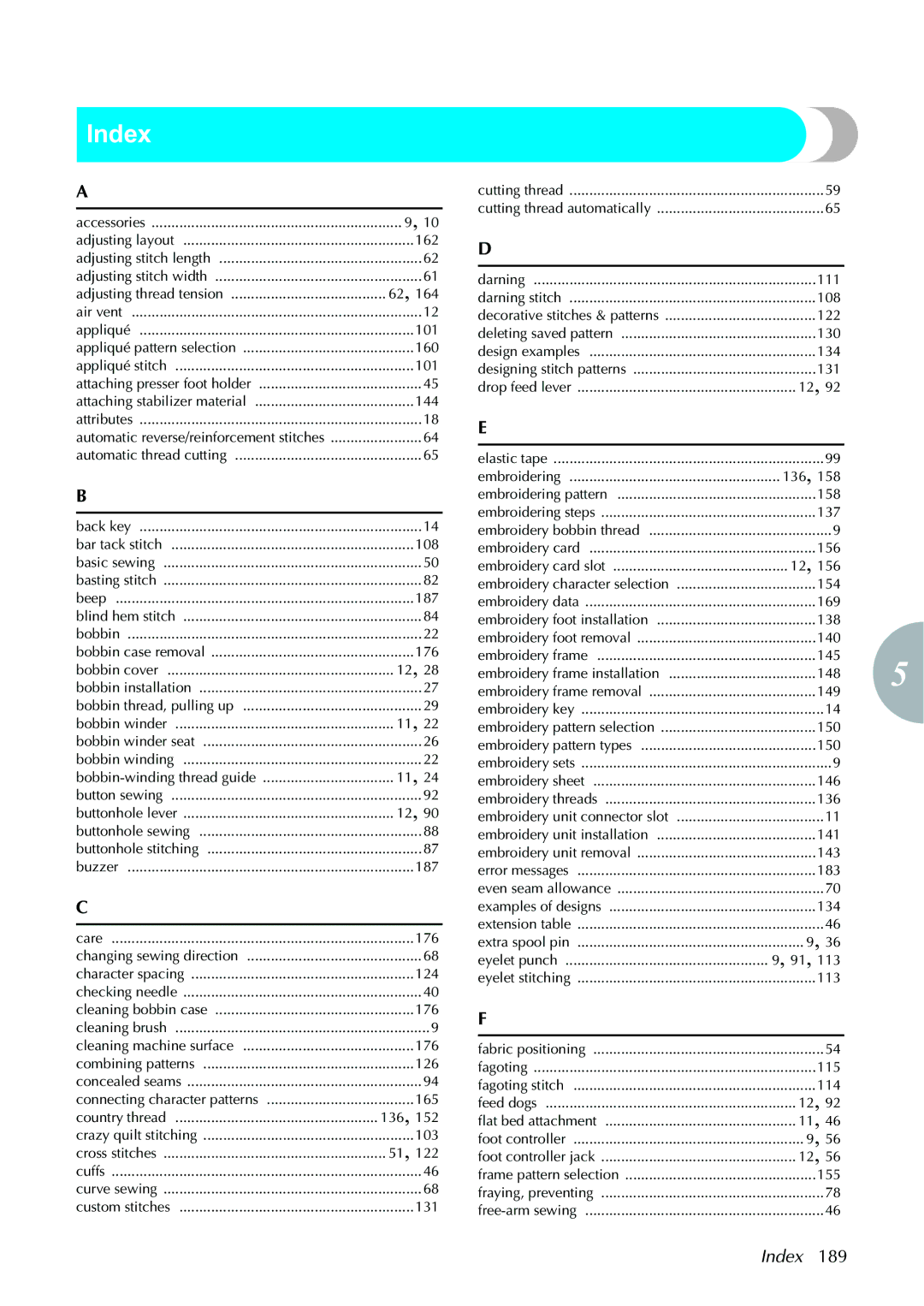 Brother 885V97, 885V95 operation manual Index 