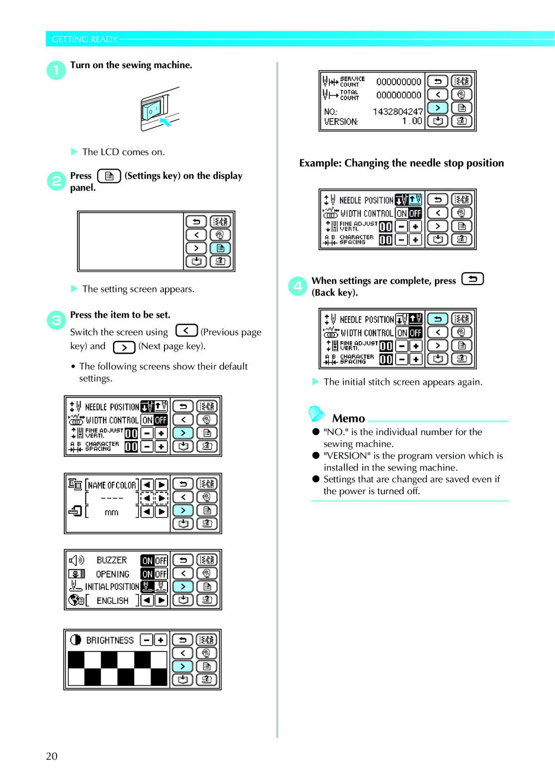 Brother 885V95, 885V97 Turn on the sewing machine, Presspanel. Settings key on the display, Press the item to be set 