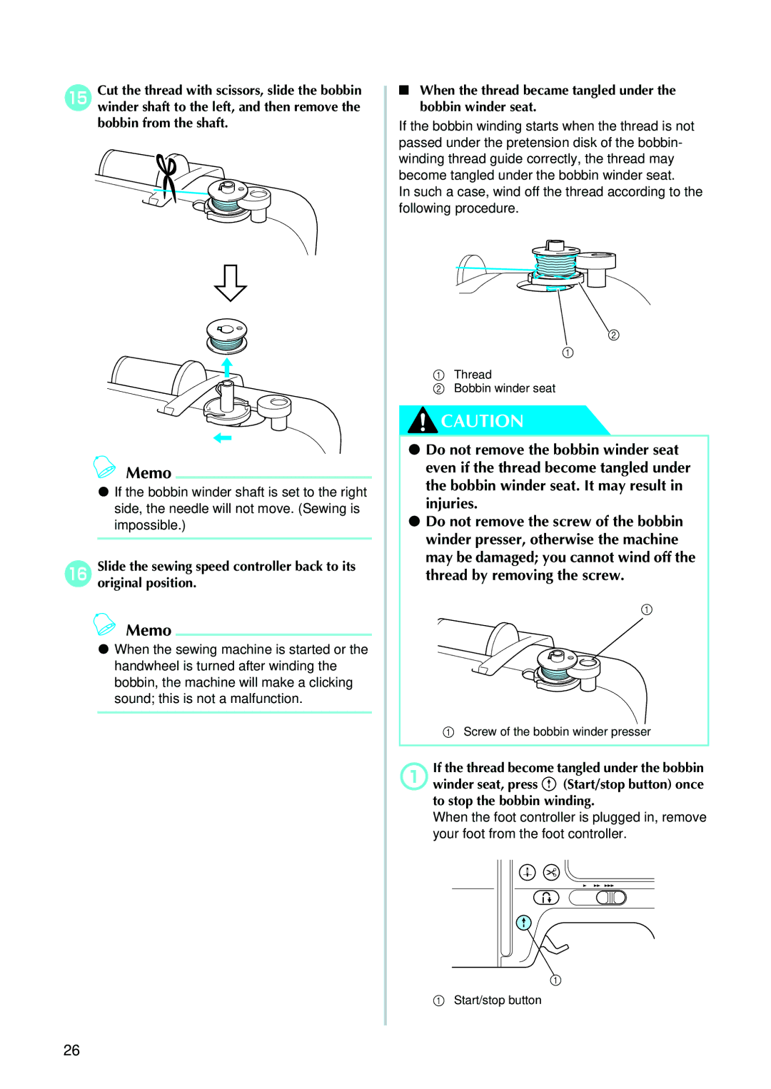 Brother 885V95, 885V97 operation manual When the thread became tangled under the bobbin winder seat 