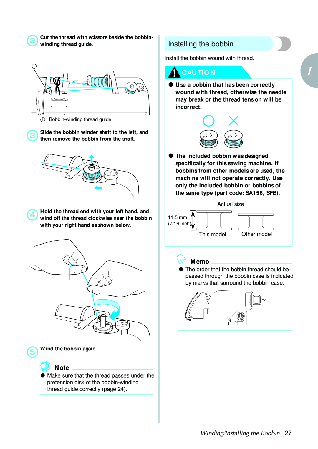 Brother 885V97, 885V95 Installing the bobbin, EWind the bobbin again, Install the bobbin wound with thread, Actual size 