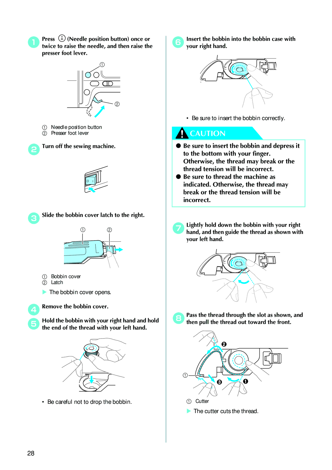 Brother 885V95, 885V97 operation manual Remove the bobbin cover, Insert the bobbin into the bobbin case with your right hand 