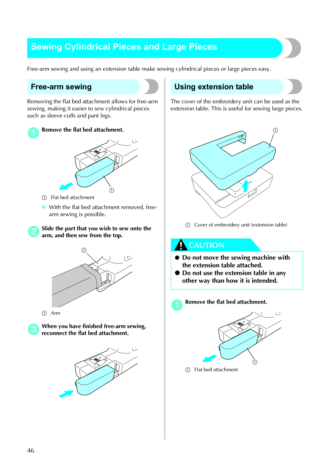 Brother 885V95, 885V97 operation manual Sewing Cylindrical Pieces and Large Pieces, Free-arm sewing, Using extension table 