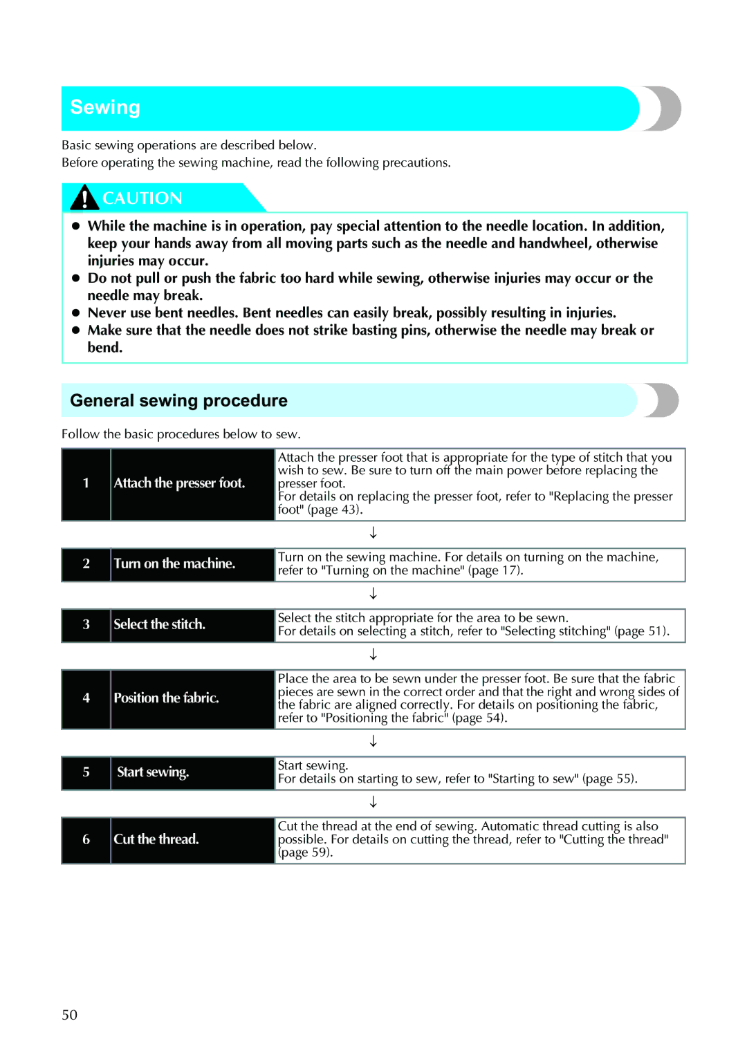 Brother 885V95, 885V97 operation manual Sewing, General sewing procedure 