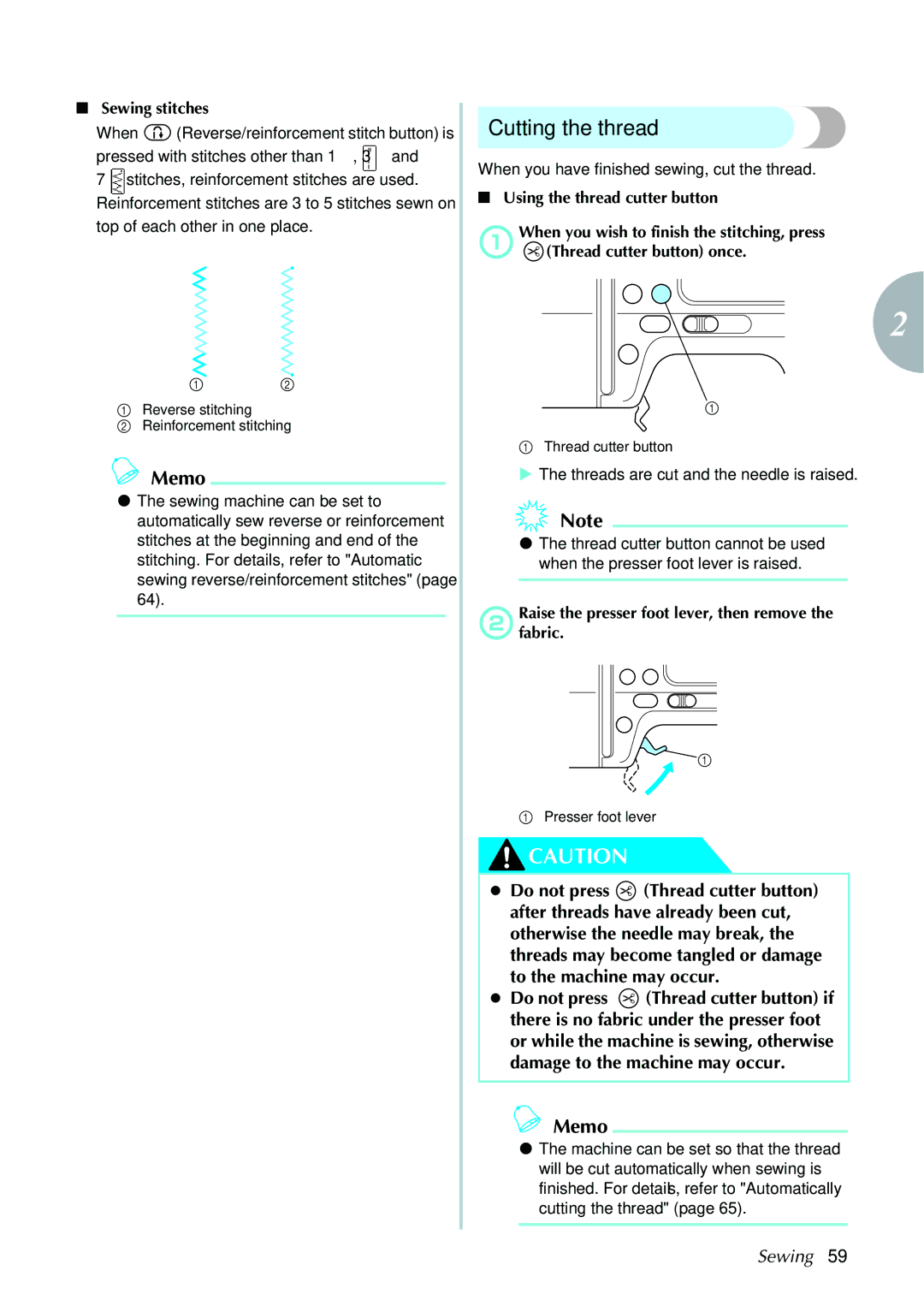 Brother 885V97, 885V95 Cutting the thread, Sewing stitches, BRaisefabric.the presser foot lever, then remove 