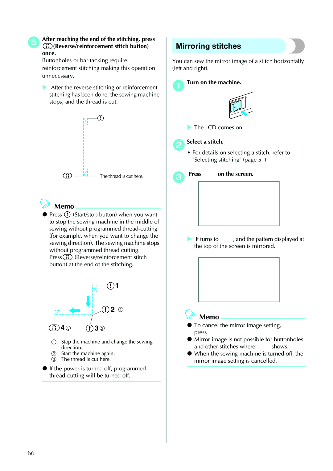 Brother 885V95, 885V97 operation manual Mirroring stitches, Without programmed thread cutting 