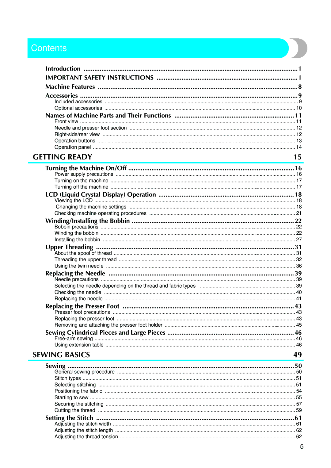 Brother 885V97, 885V95 operation manual Contents 