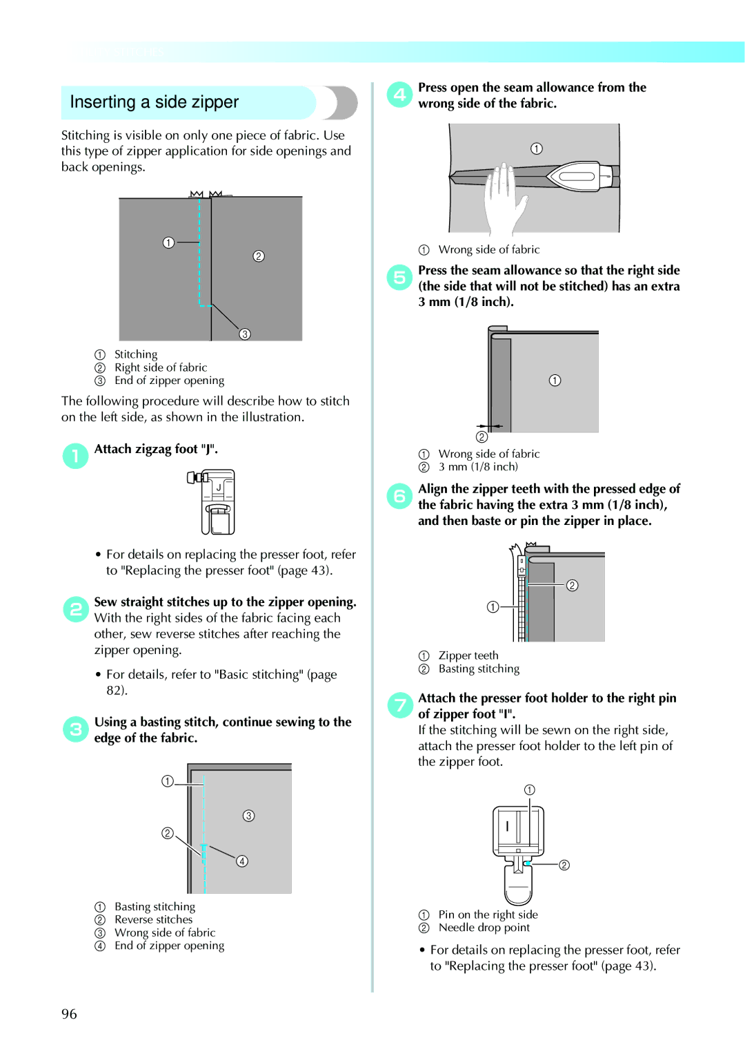 Brother 885V95, 885V97 operation manual Inserting a side zipper, Wrong side of fabric b 3 mm 1/8 inch 