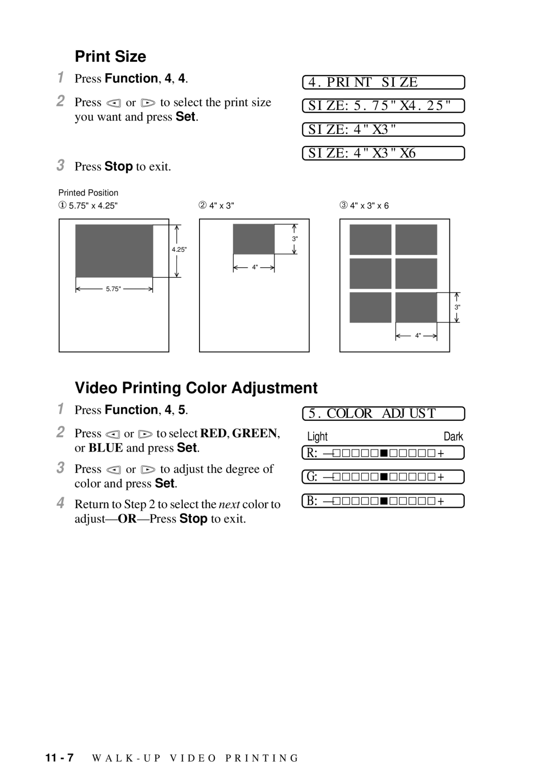 Brother 9200C owner manual Print Size, Video Printing Color Adjustment 