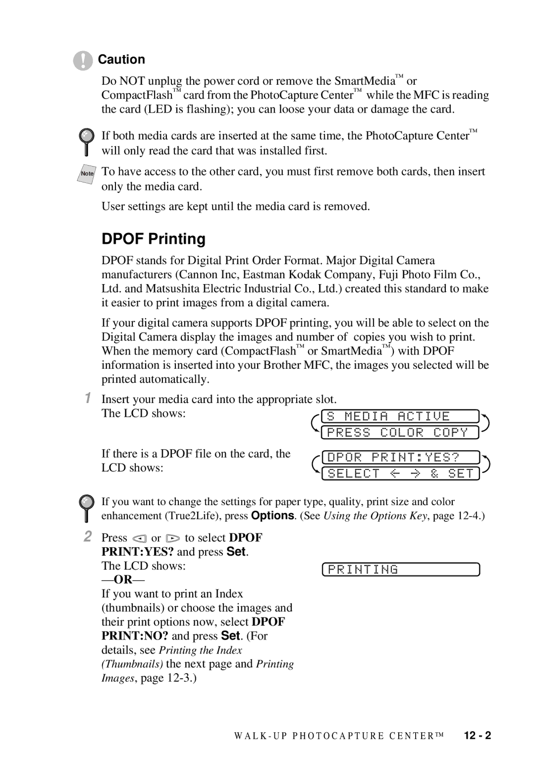 Brother 9200C owner manual Dpof Printing, Media Active, Press Color Copy, Dpor PRINTYES? 