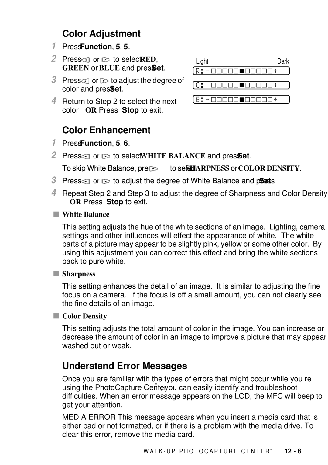 Brother 9200C owner manual Color Enhancement, Understand Error Messages, White Balance, Sharpness, Color Density 