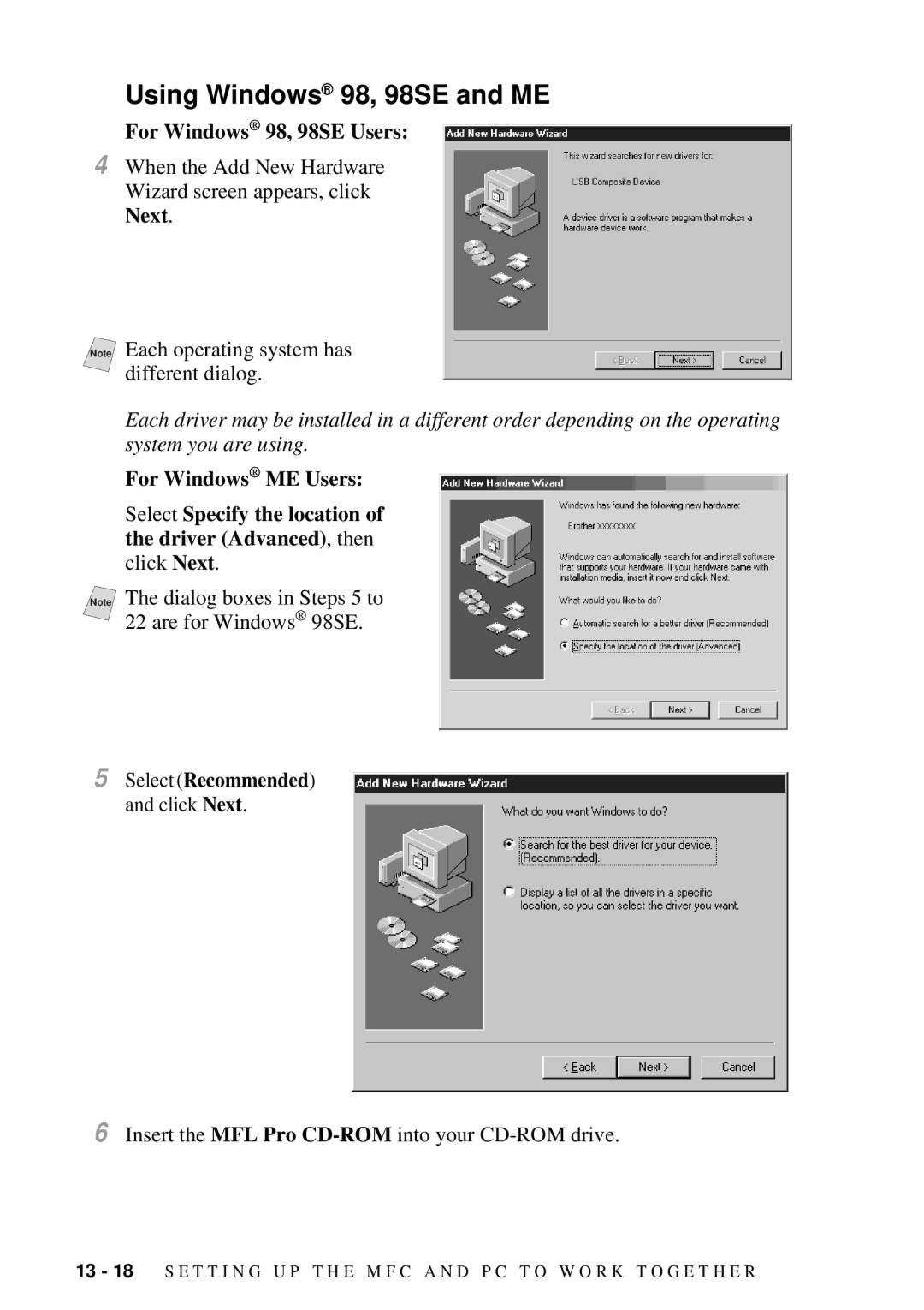 Brother 9200C owner manual Using Windows 98, 98SE and ME, For Windows 98, 98SE Users 