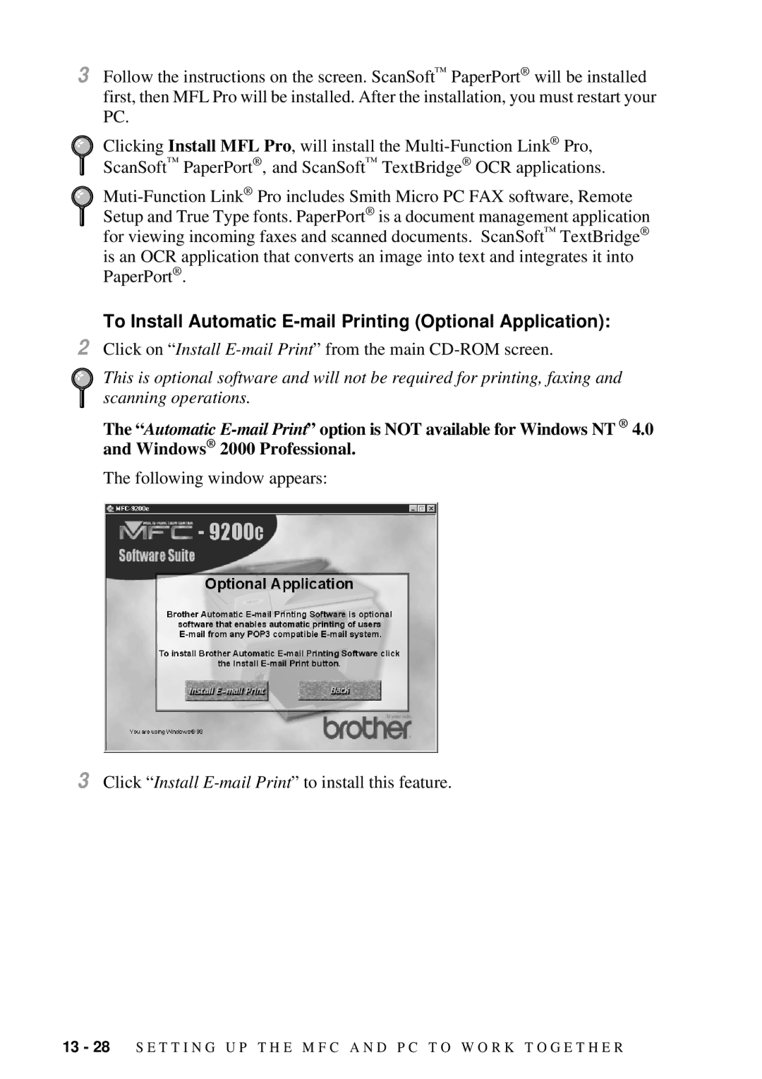 Brother 9200C owner manual To Install Automatic E-mail Printing Optional Application 