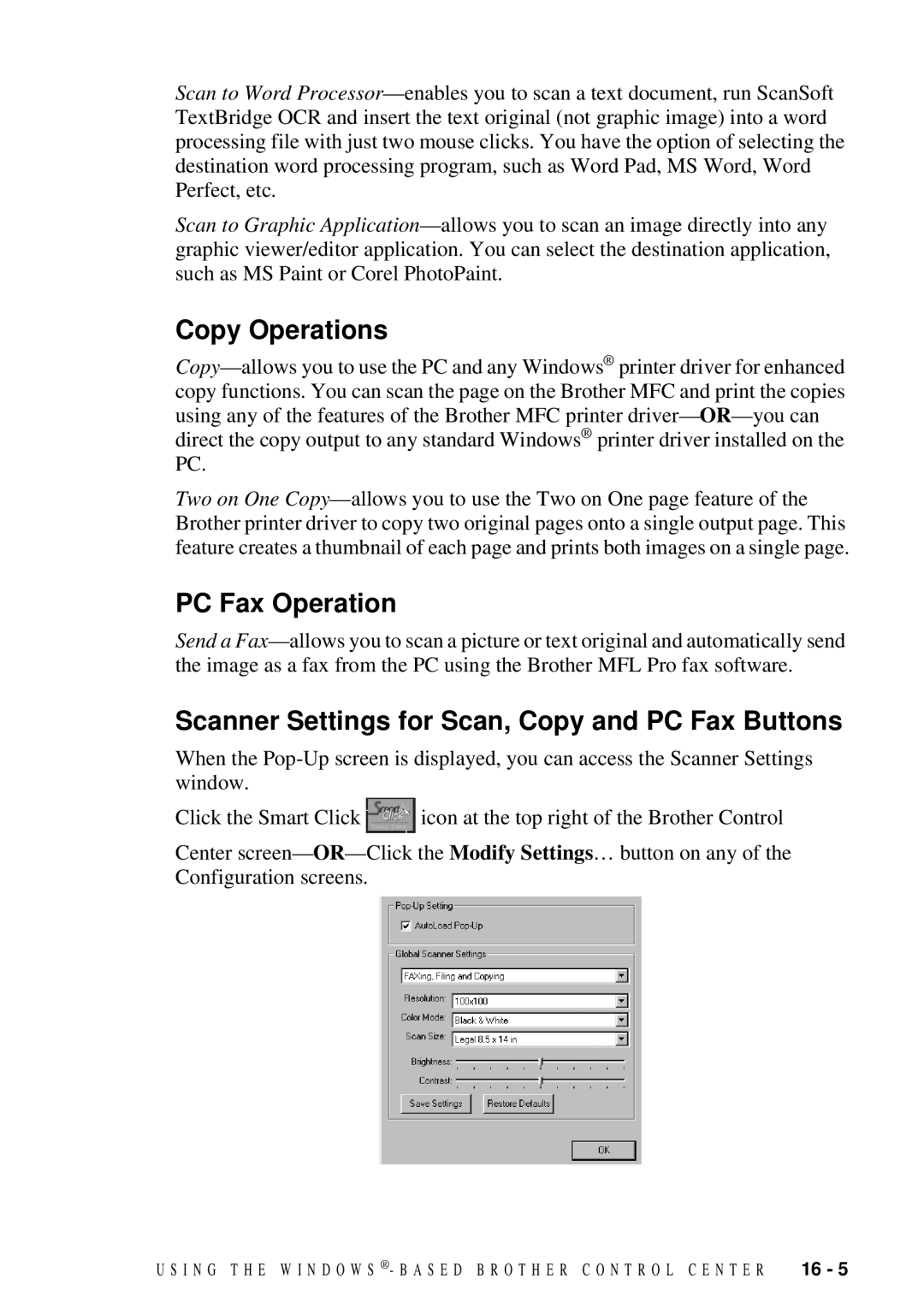 Brother 9200C owner manual Copy Operations, PC Fax Operation, Scanner Settings for Scan, Copy and PC Fax Buttons 