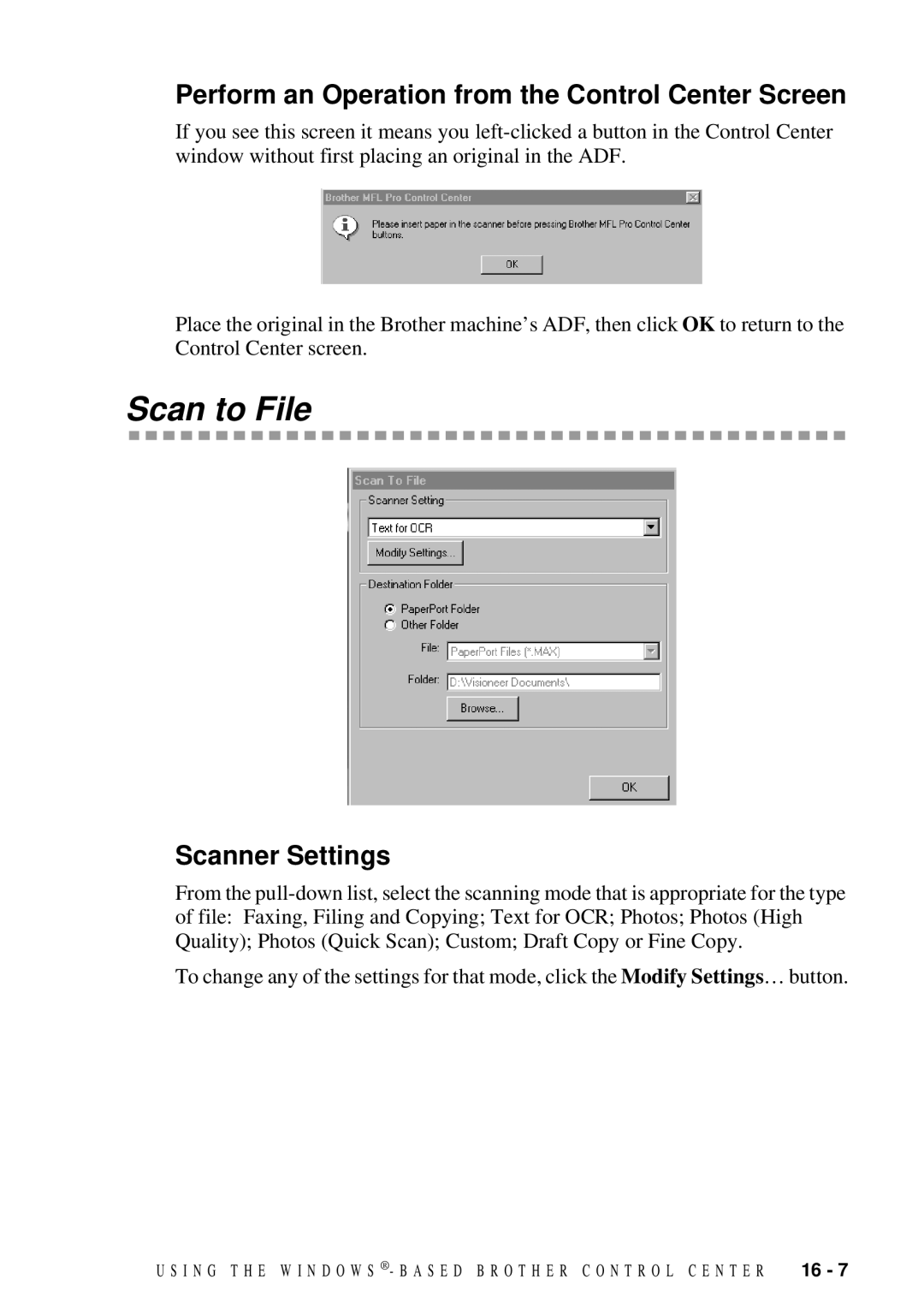 Brother 9200C owner manual Scan to File, Perform an Operation from the Control Center Screen, Scanner Settings 