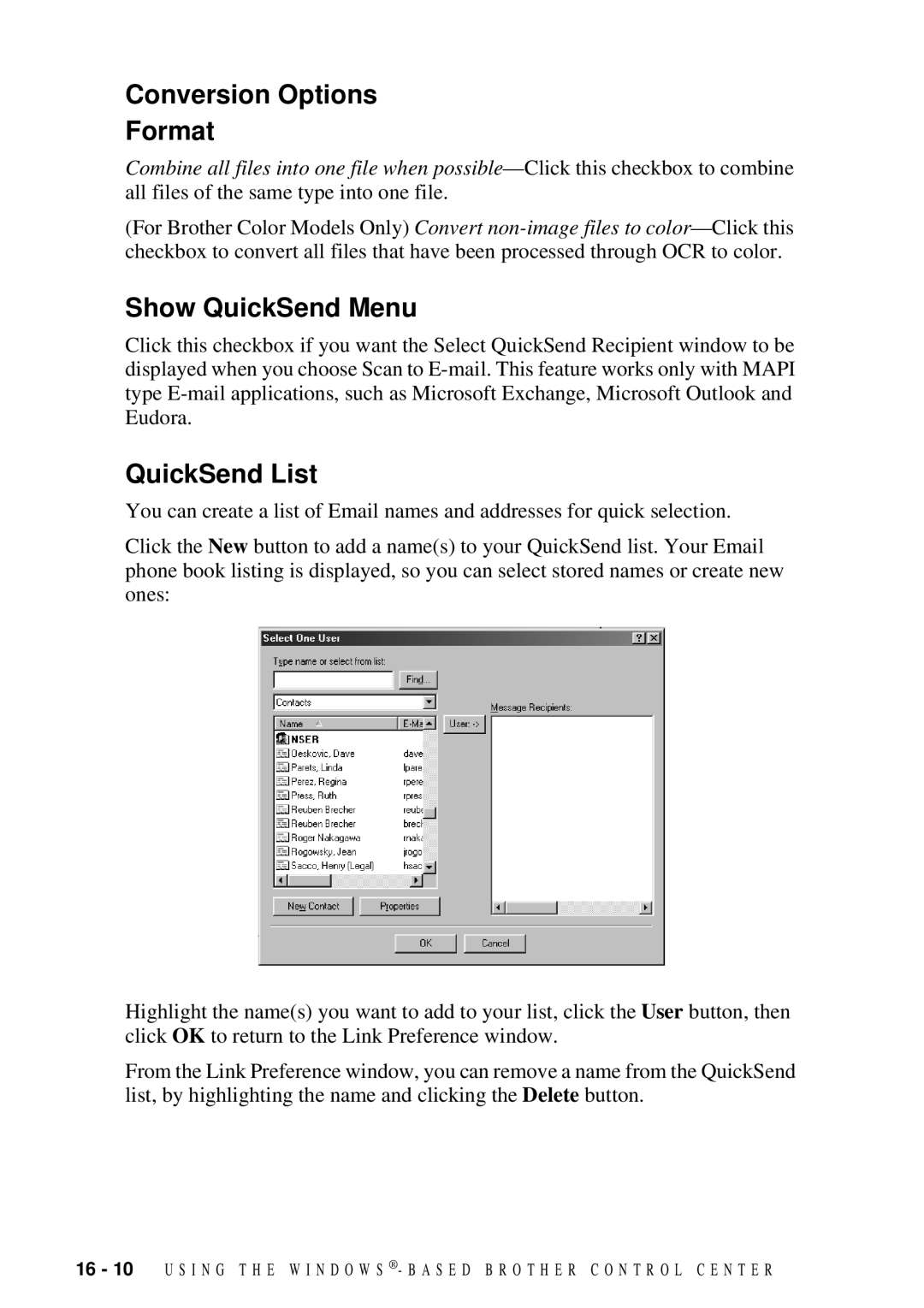 Brother 9200C owner manual Conversion Options Format, Show QuickSend Menu, QuickSend List 