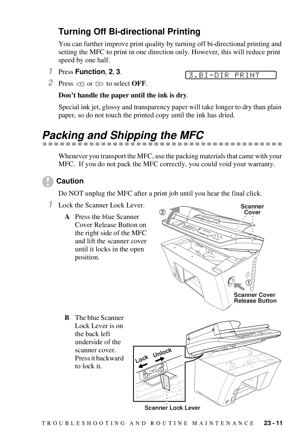 Brother 9200C owner manual Packing and Shipping the MFC, Don’t handle the paper until the ink is dry 