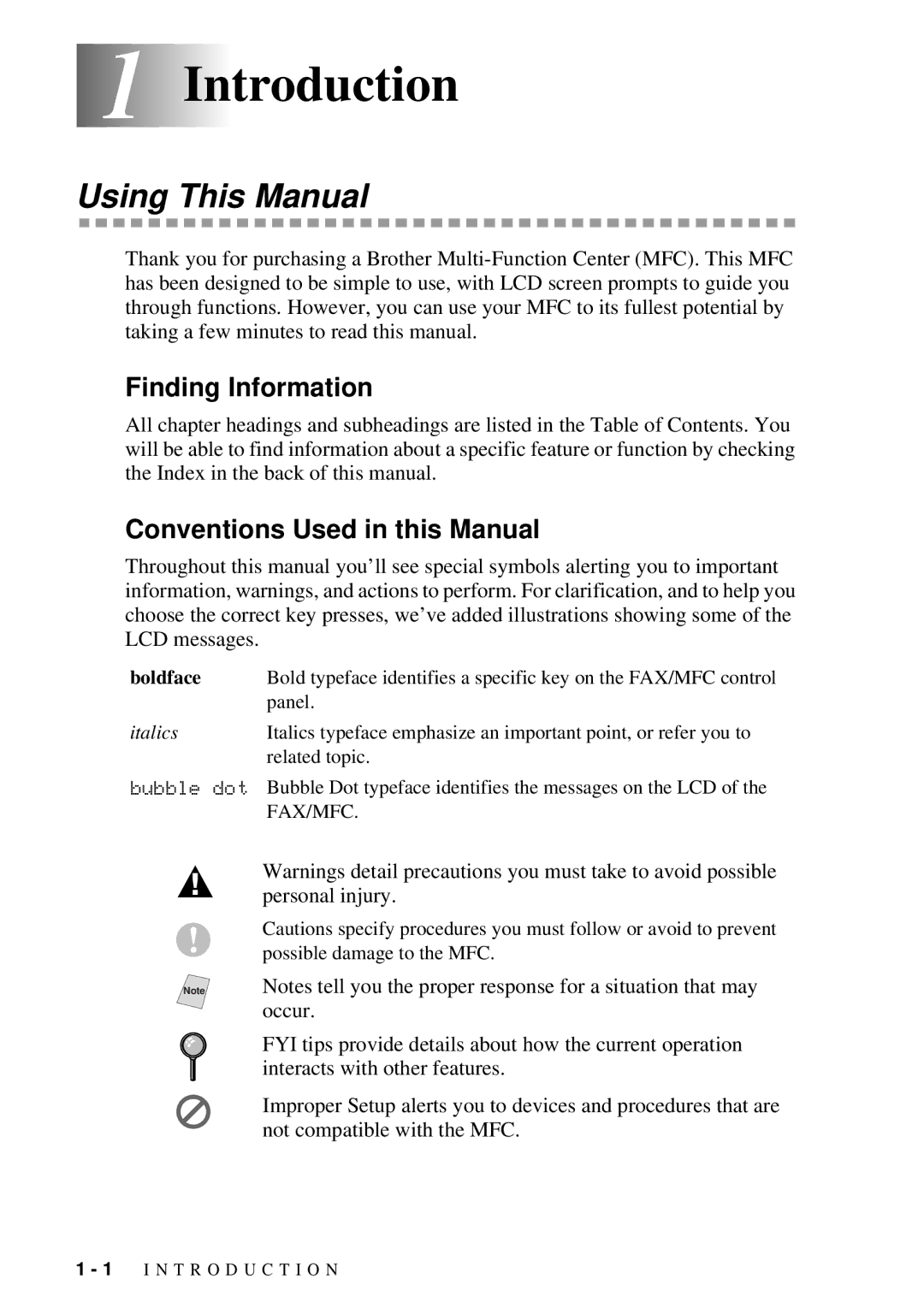 Brother 9200C owner manual 1Introduction, Using This Manual, Finding Information, Conventions Used in this Manual 