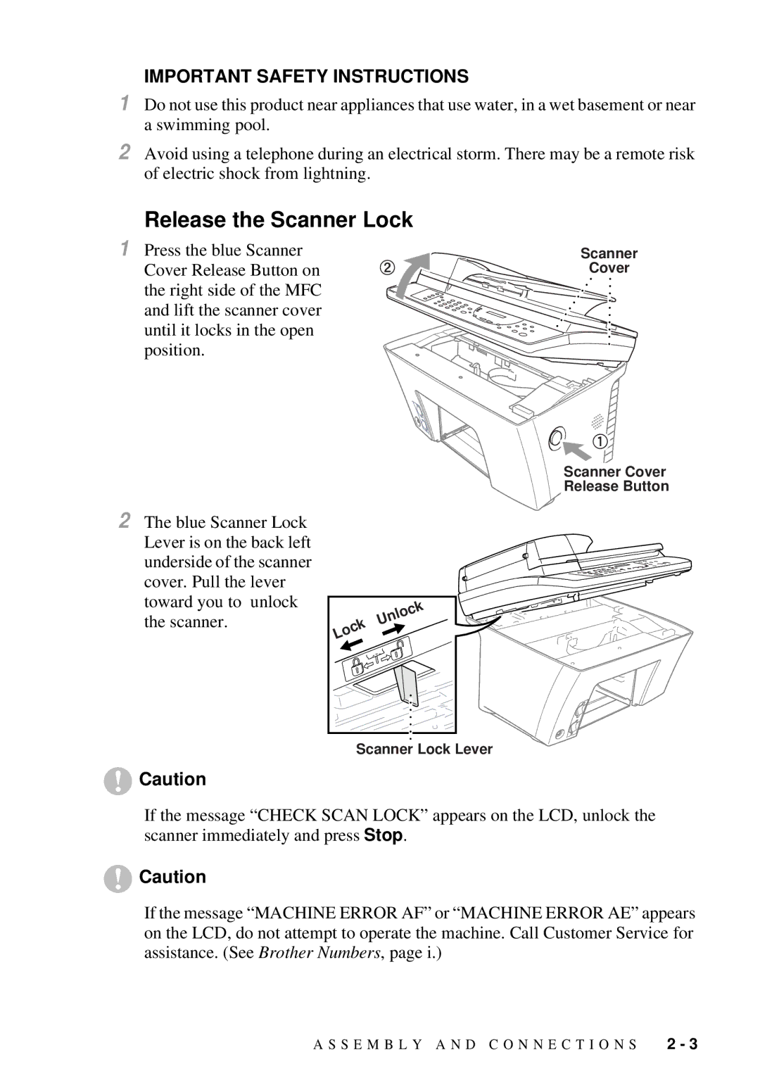 Brother 9200C owner manual Release the Scanner Lock, Important Safety Instructions 