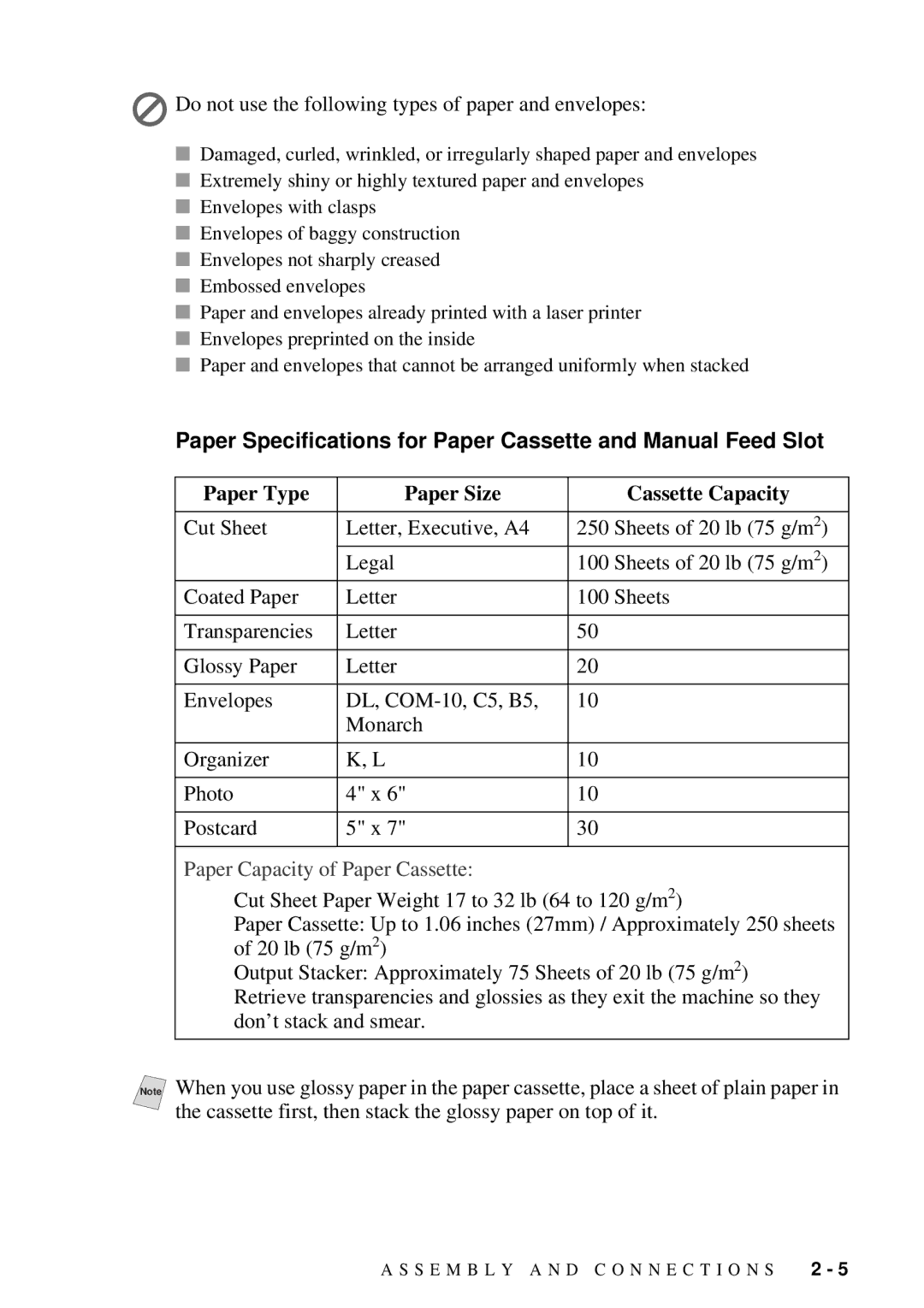 Brother 9200C Paper Specifications for Paper Cassette and Manual Feed Slot, Paper Type Paper Size Cassette Capacity 