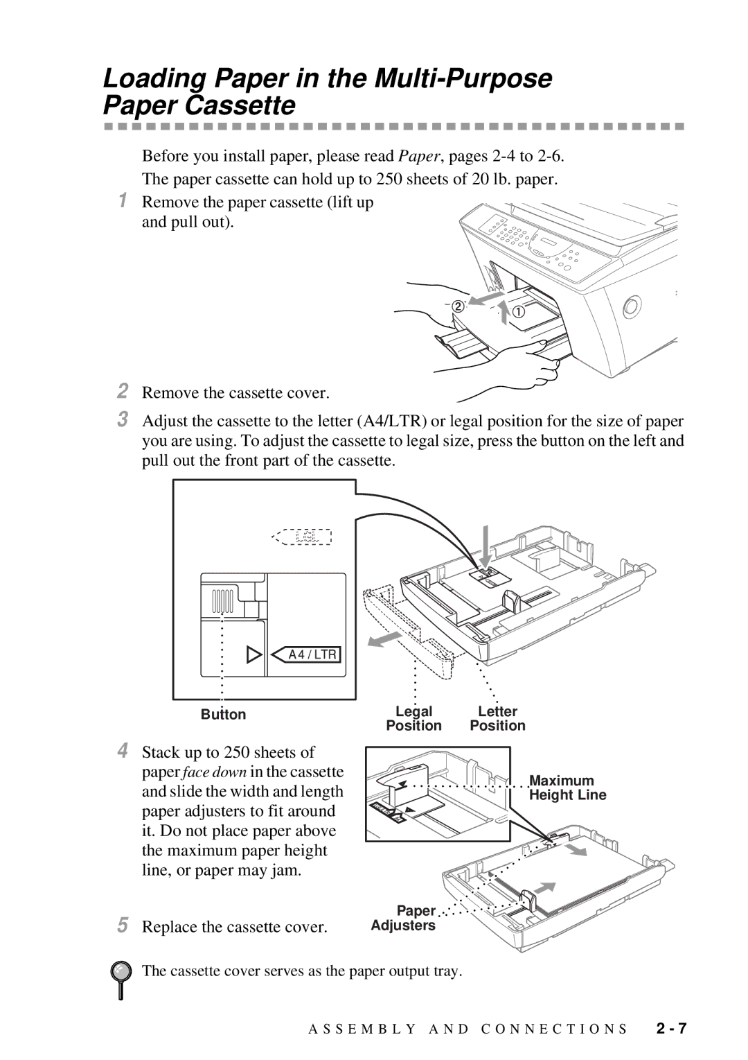 Brother 9200C owner manual Loading Paper in the Multi-Purpose Paper Cassette, Replace the cassette cover 