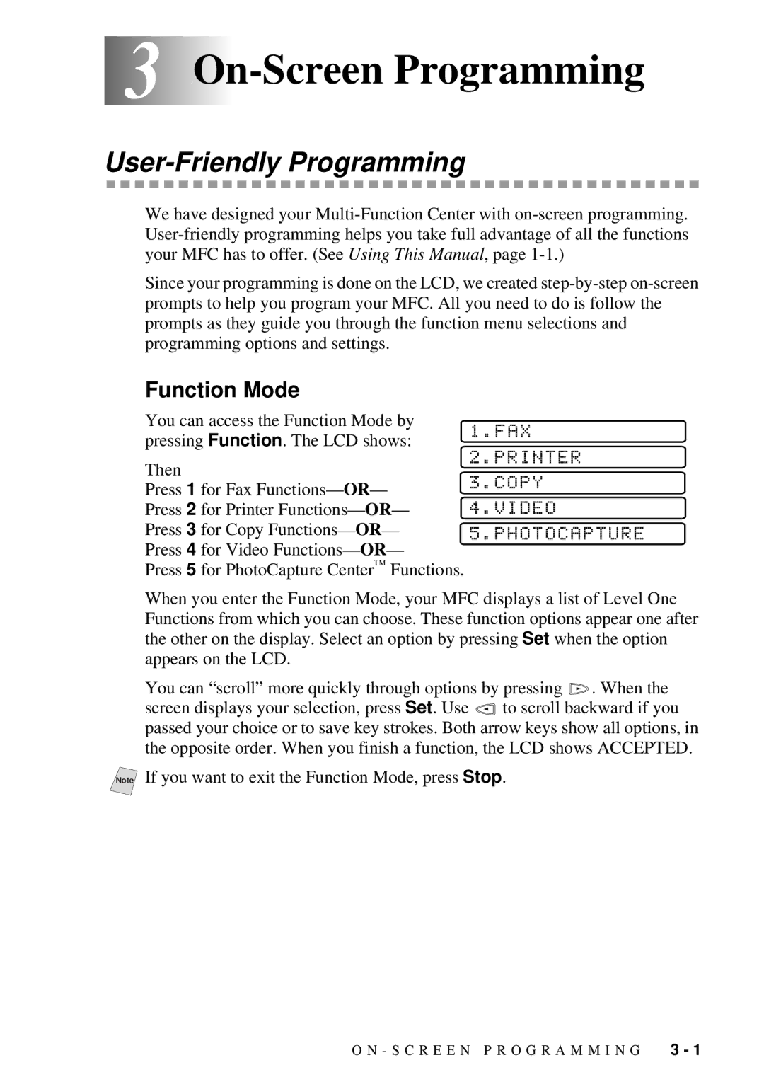 Brother 9200C owner manual 3On-Screen Programming, User-Friendly Programming, Function Mode 