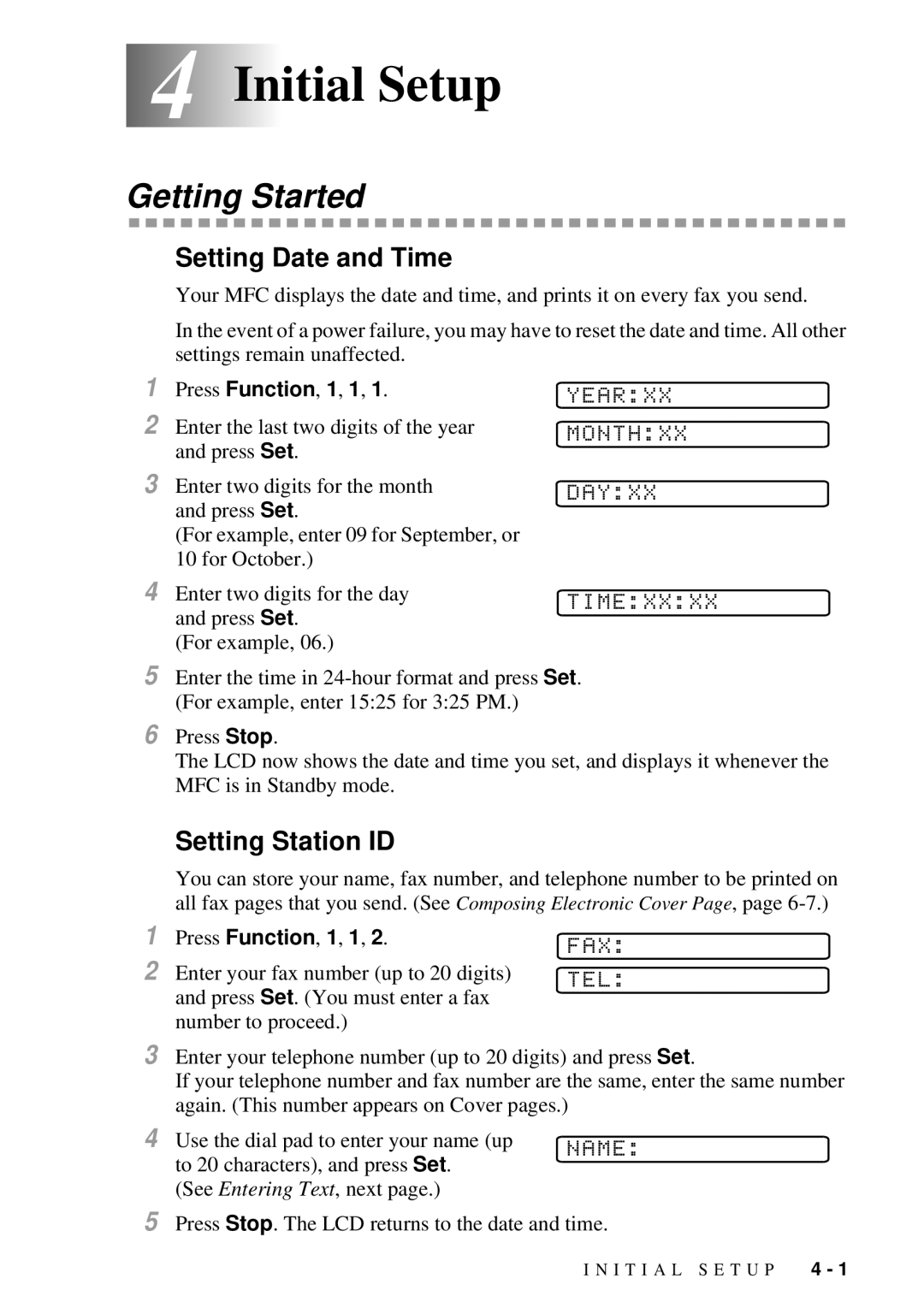 Brother 9200C owner manual 4Initial Setup, Getting Started, Setting Date and Time, Setting Station ID 